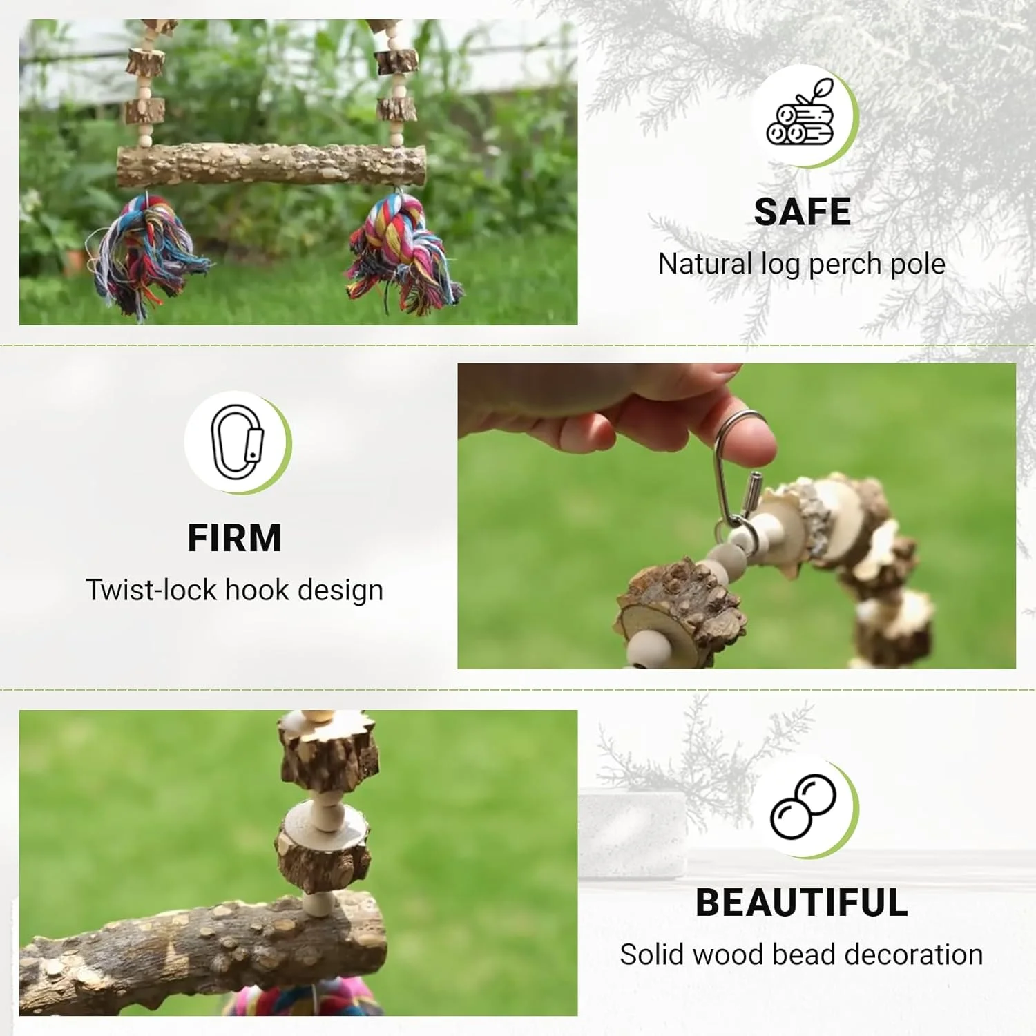 تاب چوبی پرنده WOKATFI، 1 عدد تاب چوبی طبیعی طوطی به همراه 2 عدد پایه نشیمن، اسباب بازی جویدنی پرنده، اسباب بازی آویز طناب طوطی، نگهدارنده پایه آموزشی برای مرغ عشق، عروس هلندی، مرغ باجریگار