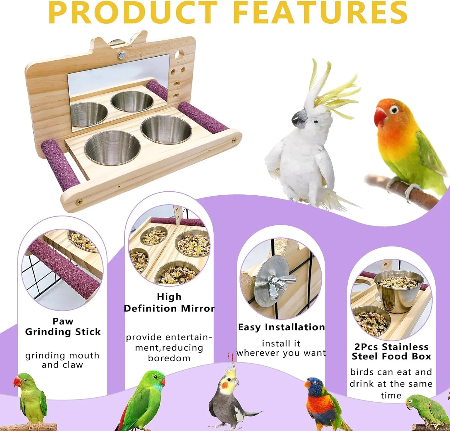 اسباب بازی پرنده تزویق، نشیمنگاه طوطی، تاب قفس طوطی با آینه و فنجان های غذا، اسباب بازی سرگرم کننده آینه ای چوبی برای مرغ عشق، پاراکیت، کانور، عروس هلندی