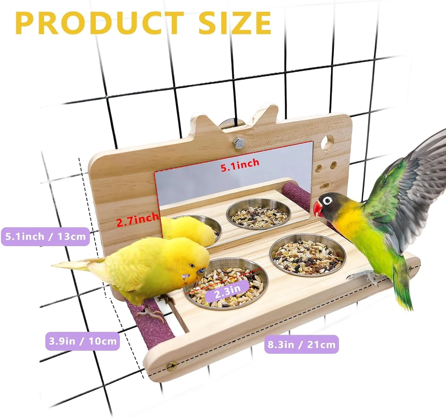 اسباب بازی پرنده تزویق، نشیمنگاه طوطی، تاب قفس طوطی با آینه و فنجان های غذا، اسباب بازی سرگرم کننده آینه ای چوبی برای مرغ عشق، پاراکیت، کانور، عروس هلندی