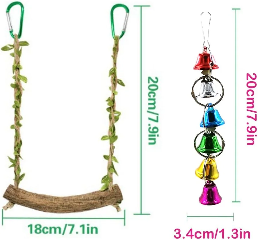 اسباب بازی تاب پرنده با زنگوله، طناب و پایه چوبی آویز برای مرغ عشق و پرندگان کوچک - تاب چوبی، نردبان و اسباب بازی های صعودی برای کانور، عروس هلندی و باجریگار