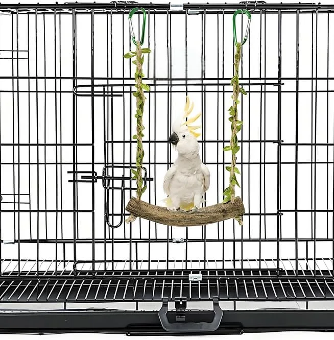 اسباب بازی تاب پرنده با زنگوله، طناب و پایه چوبی آویز برای مرغ عشق و پرندگان کوچک - تاب چوبی، نردبان و اسباب بازی های صعودی برای کانور، عروس هلندی و باجریگار