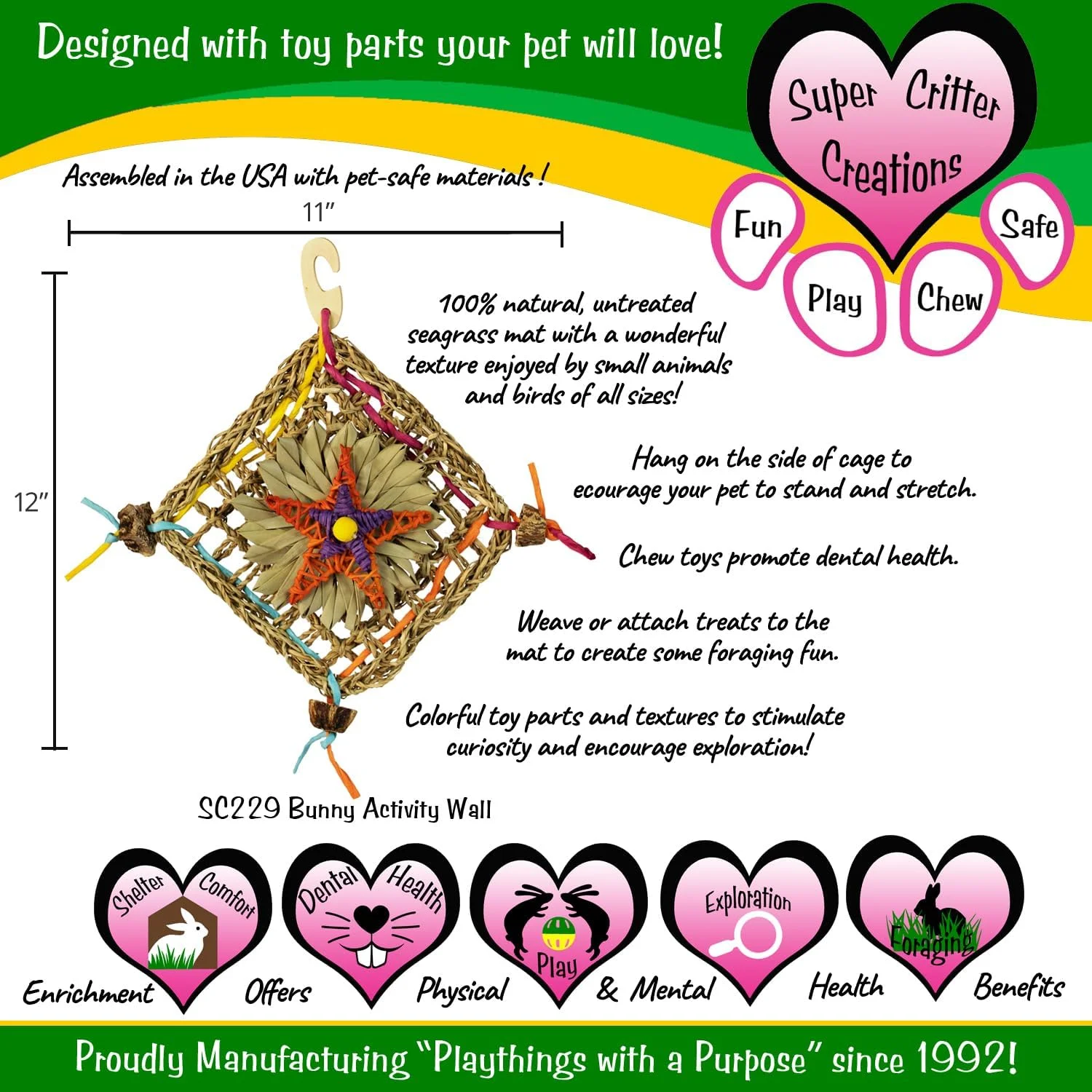 دیوار فعالیت خرگوش سوپر برد کریشنز مدل SC229 - اسباب بازی جویدنی علف دریایی، تشویق به ایستادن و ارتقاء سلامت دندان - خرگوش ها، چینچیلاها و پرندگان - ایده آل برای پرندگان متوسط و حیوانات کوچک، 28 در 30 سانتی متر