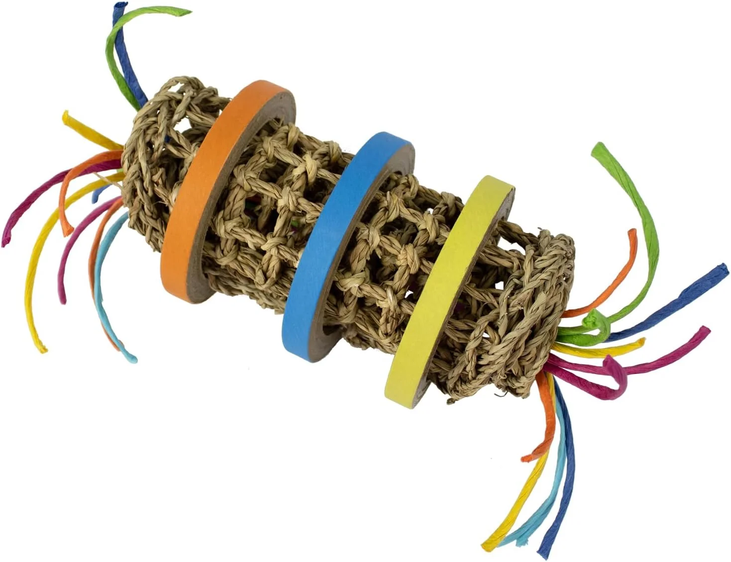 اسباب بازی جویدنی، چرخشی و پرتابی Super Bird Creations SC230 - اسباب بازی سه گانه برای طوطی ها - حصیر علف دریایی با پیچش های کاغذی رنگارنگ، شیرینی حلقه ای برای حداکثر جذابیت - مناسب برای پرندگان متوسط و حیوانات کوچک، 9"x4"