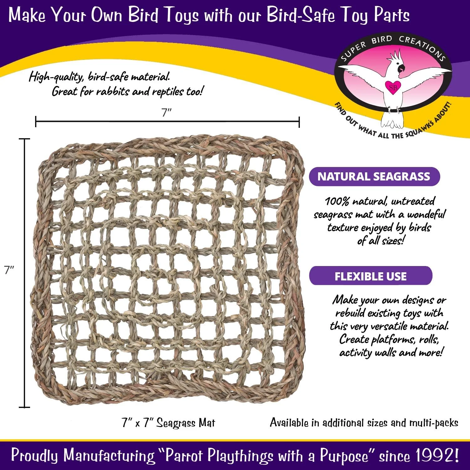 حصیر علف دریایی Super Bird Creations SB50002 برای دکور قفس، غنی سازی حیوانات خانگی و رفع خستگی - پایه ساخت اسباب بازی چند منظوره - ایده آل برای طوطی ها - پرندگان و خزندگان کوچک تا بزرگ - 7"x7" (بسته 3 عددی)