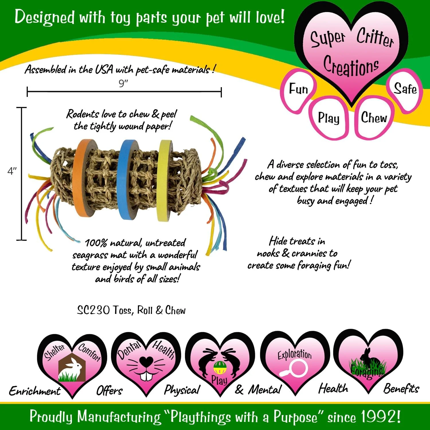 اسباب بازی جویدنی، چرخشی و پرتابی Super Bird Creations SC230 - اسباب بازی سه گانه برای طوطی ها - حصیر علف دریایی با پیچش های کاغذی رنگارنگ، شیرینی حلقه ای برای حداکثر جذابیت - مناسب برای پرندگان متوسط و حیوانات کوچک، 9"x4"