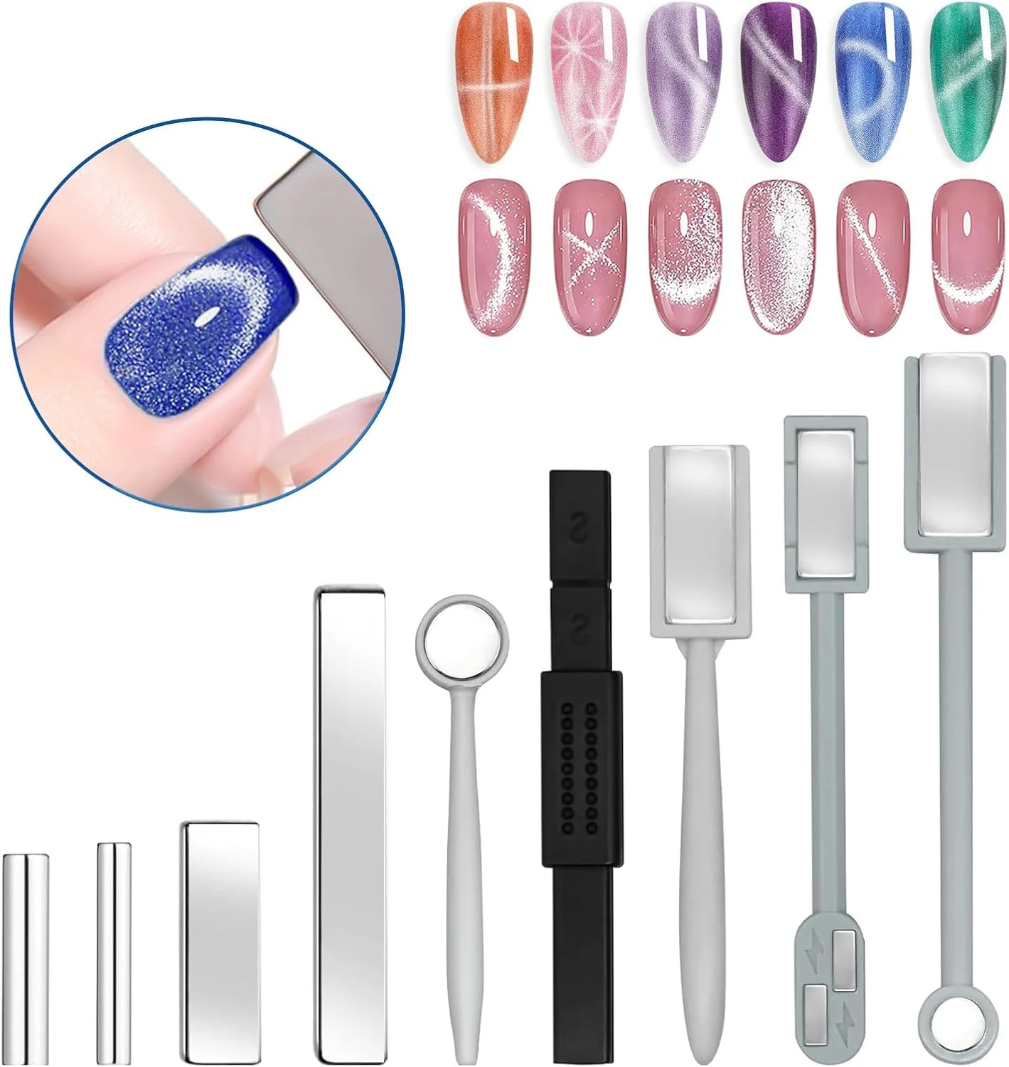 ست لاک ژل مغناطیسی چشم گربه ای 9 عددی، ست ابزار مگنت لاک ژل چشم گربه ای، مگنت ناخن با مکش قوی، مگنت مربعی و گرد برای جلوه های متنوع چشم گربه ای در سالن های ناخن.