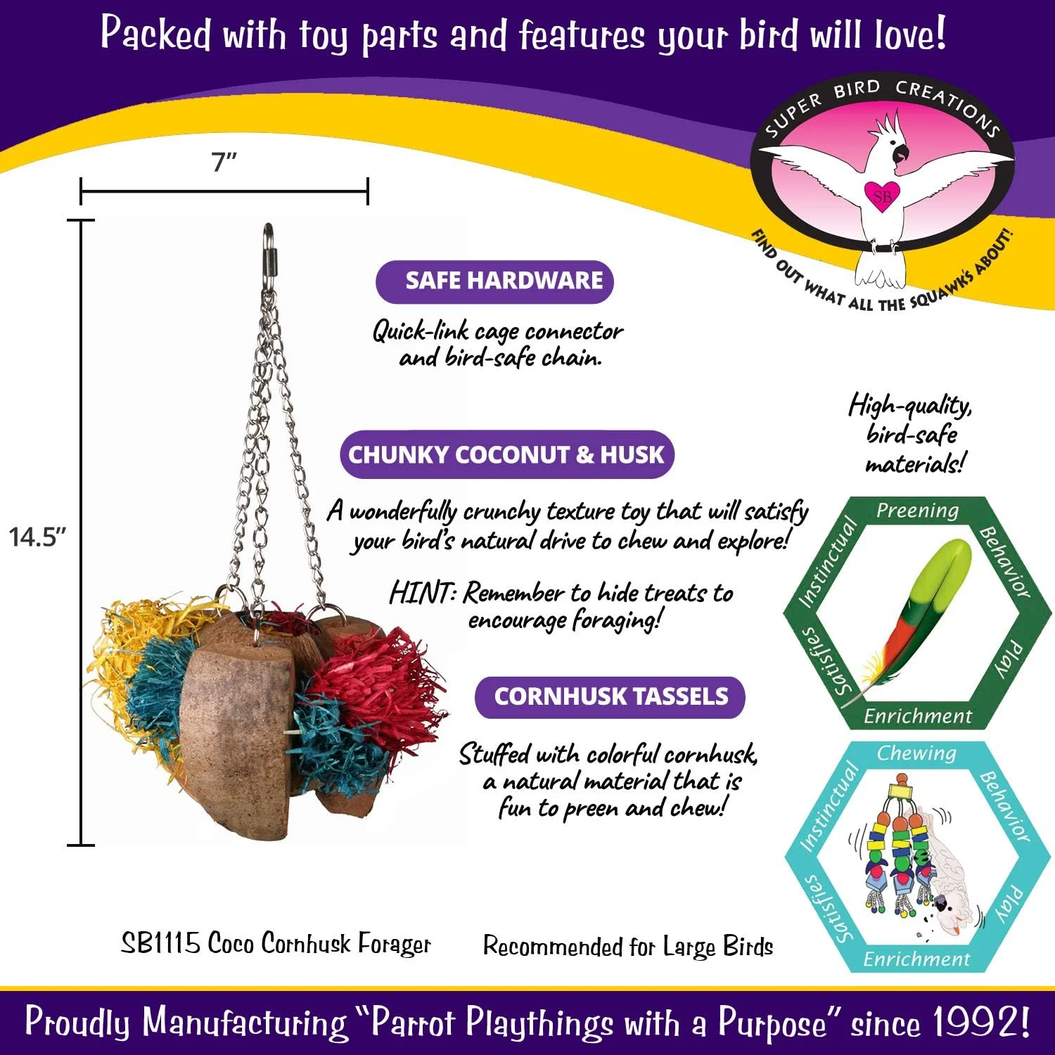اسباب بازی پرنده بزرگ Super Bird Creations SB51115 مدل Coco Corn Husk، سایز بزرگ، 37cm x 18cm x 18cm اسباب بازی پرنده بزرگ Super Bird Creations SB51115 مدل Coco Corn Husk، سایز بزرگ، 37cm x 18cm x 18cm