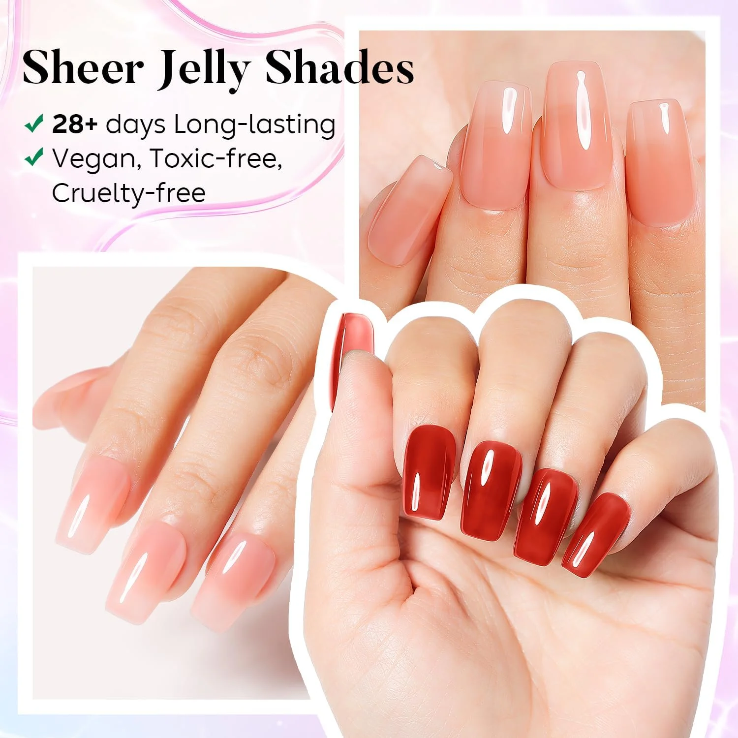 لاک ژل ناخن شفاف آیمیلی، ژله ای یخی، خیس خورده، یو وی ال ای دی، بدون هما، وگان، بدون تست حیوانی، کیت ورنیش سالنی با 6 رنگ و 78 لاک ژل ناخن شفاف آیمیلی، ژله ای یخی، خیس خورده، یو وی ال ای دی، بدون هما، وگان، بدون تست حیوانی، کیت ورنیش سالنی با 6 رنگ و 78