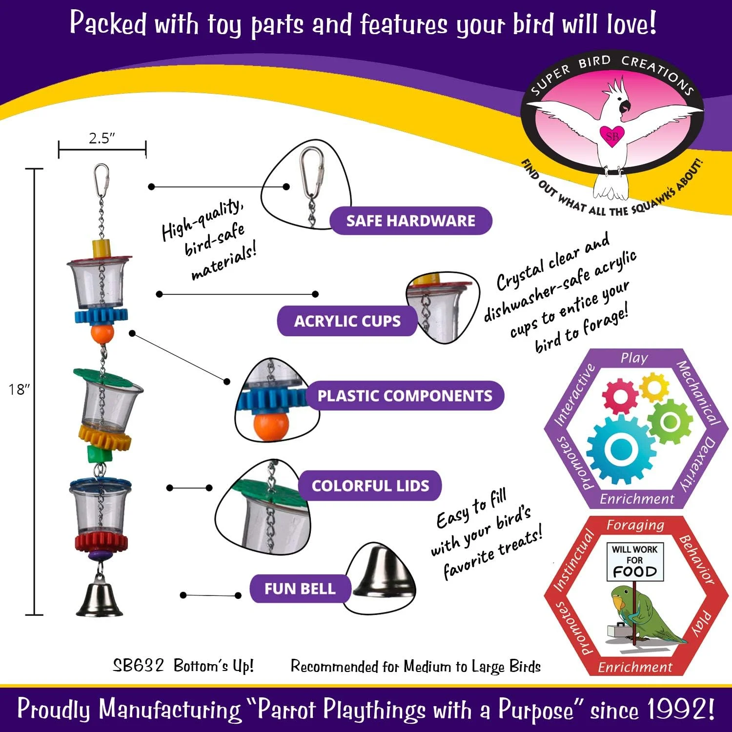 اسباب بازی پرندگان Super Bird Creations SB632 مدل Bottom’s Up، دارای فنجان های اکریلیک شفاف، سایز متوسط/بزرگ، 45.72 سانتی متر x 6.35 سانتی متر اسباب بازی پرندگان Super Bird Creations SB632 مدل Bottom’s Up، دارای فنجان های اکریلیک شفاف، سایز متوسط/بزرگ، 45.72 سانتی متر x 6.35 سانتی متر