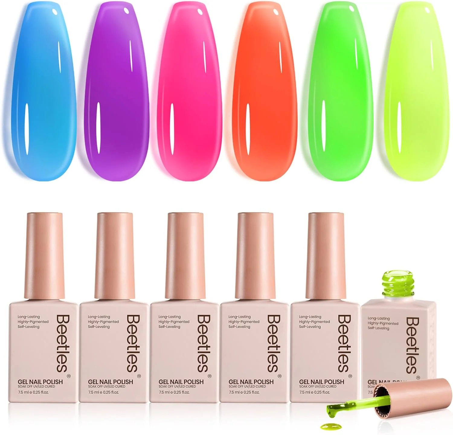 ست لاک ژل نئون بیتلز، 6 رنگ ژلی تابستانی، کیت لاک ژل شفاف صورتی، سبز، نارنجی، بنفش، آبی، زرد، جلوه نیمه شفاف، لاک ژل خیساندنی، طراحی ناخن فرانسوی UV، هدیه مانیکور برای زنان