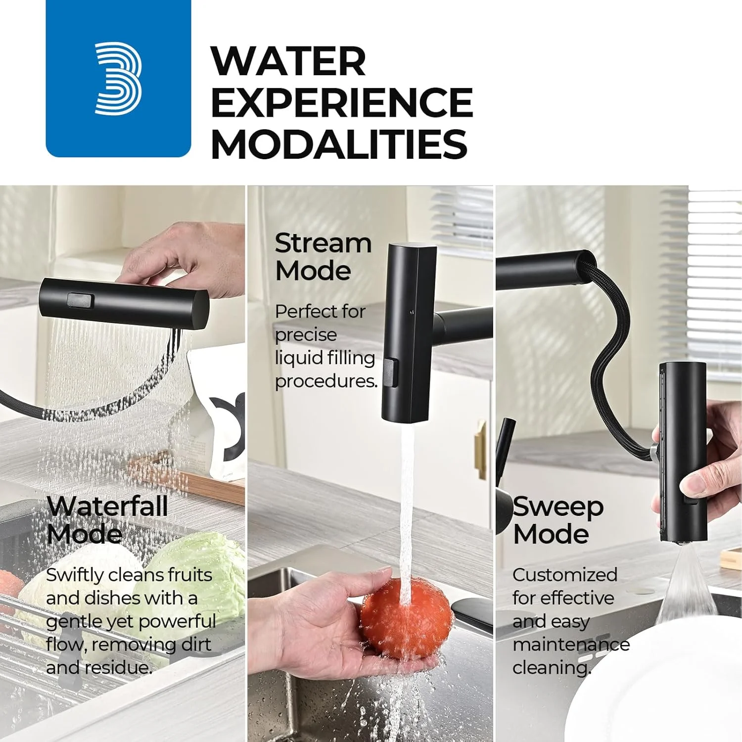 شیر آشپزخانه آبشاری WEWE با اسپری کشویی، شیر آشپزخانه مشکی با 3 حالت (جارو/جریان/آبشار) حالت سوئیچ چرخشی، شیر سینک آشپزخانه تک دسته