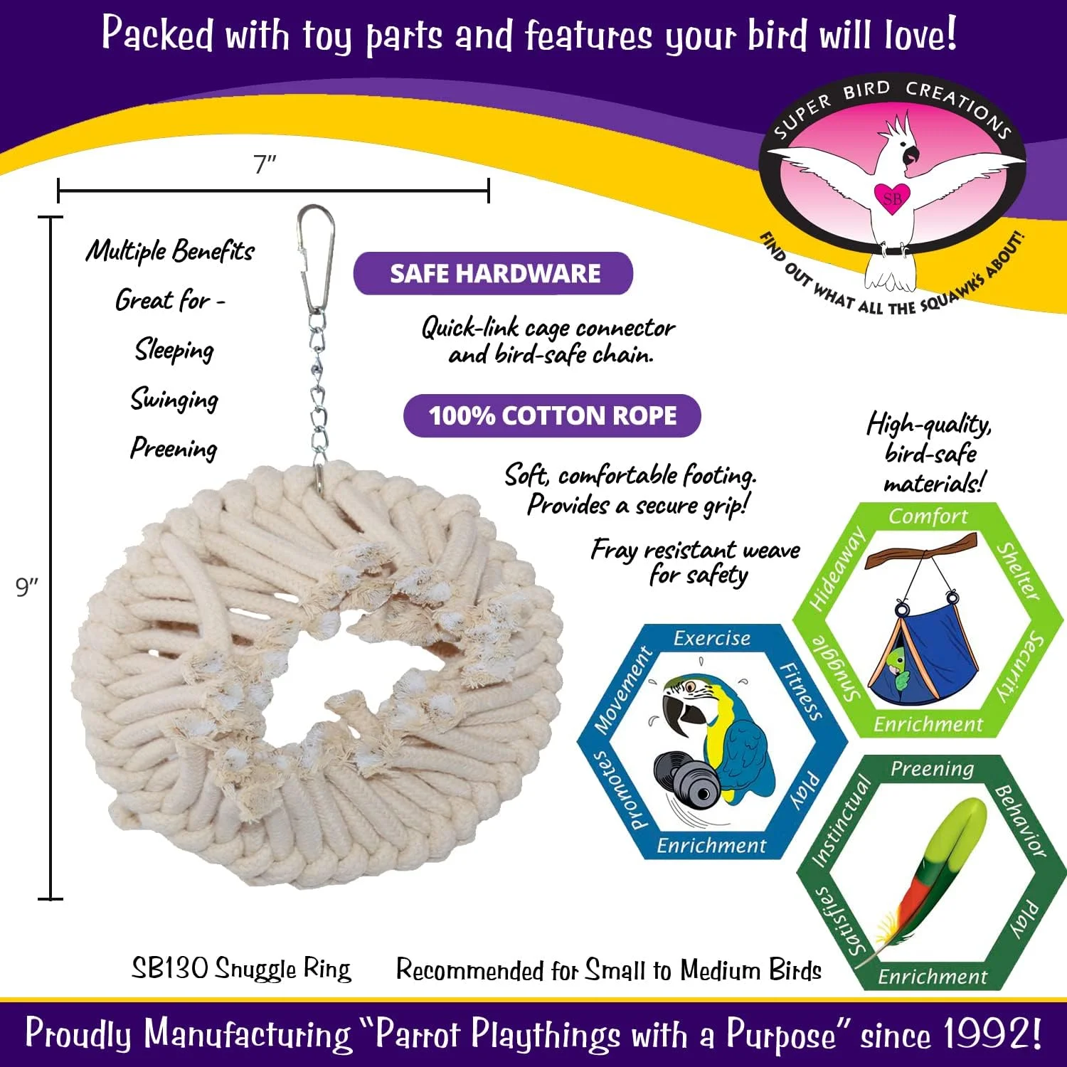 اسباب بازی حلقه نوازش پرندگان Super Bird Creations SB130 - مخفیگاه طنابی نخی راحت - حلقه فولادی بادوام، اتصال ایمن به قفس، جلوگیری از پرکنی - پرندگان کوچک/متوسط - 23x18x8 سانتی متر اسباب بازی حلقه نوازش پرندگان Super Bird Creations SB130 - مخفیگاه طنابی نخی راحت - حلقه فولادی بادوام، اتصال ایمن به قفس، جلوگیری از پرکنی - پرندگان کوچک/متوسط - 23x18x8 سانتی متر