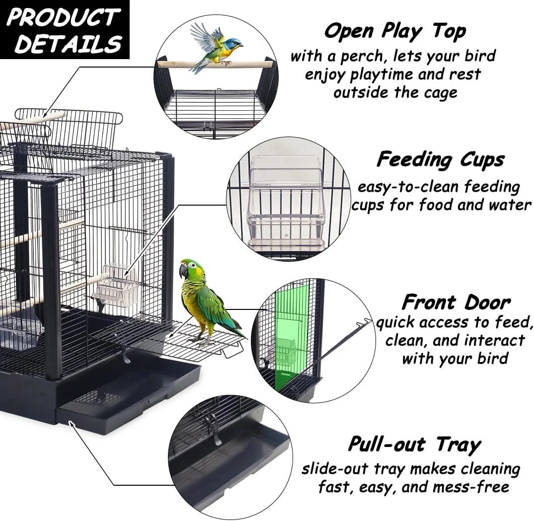 قفس پرتابل با نشیمنگاه بالایی، کاسه غذا، درب قفل‌دار و سینی کشویی، قفس فلزی بادوام 52 سانتی‌متری برای مرغ عشق، طوطی‌های کوچک، عروس هلندی، تمیز کردن آسان، مناسب برای استفاده در داخل و خارج از خانه (مشکی)