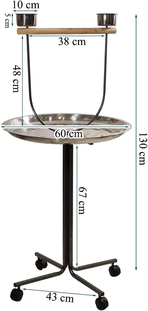 پایه پرنده فلزی با میله نشیمن، کاسه غذا و سینی بزرگ، پایه قابل حمل ۱۳۰ سانتی متری با چرخ، ایستگاه پرنده، تمیز کردن آسان، میله تمرینی برای طوطی، عروس هلندی و پرندگان متوسط تا بزرگ (خاکستری)