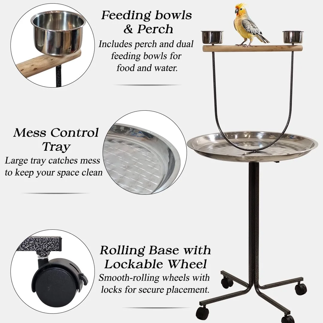 پایه پرنده فلزی با میله نشیمن، کاسه غذا و سینی بزرگ، پایه قابل حمل ۱۳۰ سانتی متری با چرخ، ایستگاه پرنده، تمیز کردن آسان، میله تمرینی برای طوطی، عروس هلندی و پرندگان متوسط تا بزرگ (خاکستری)