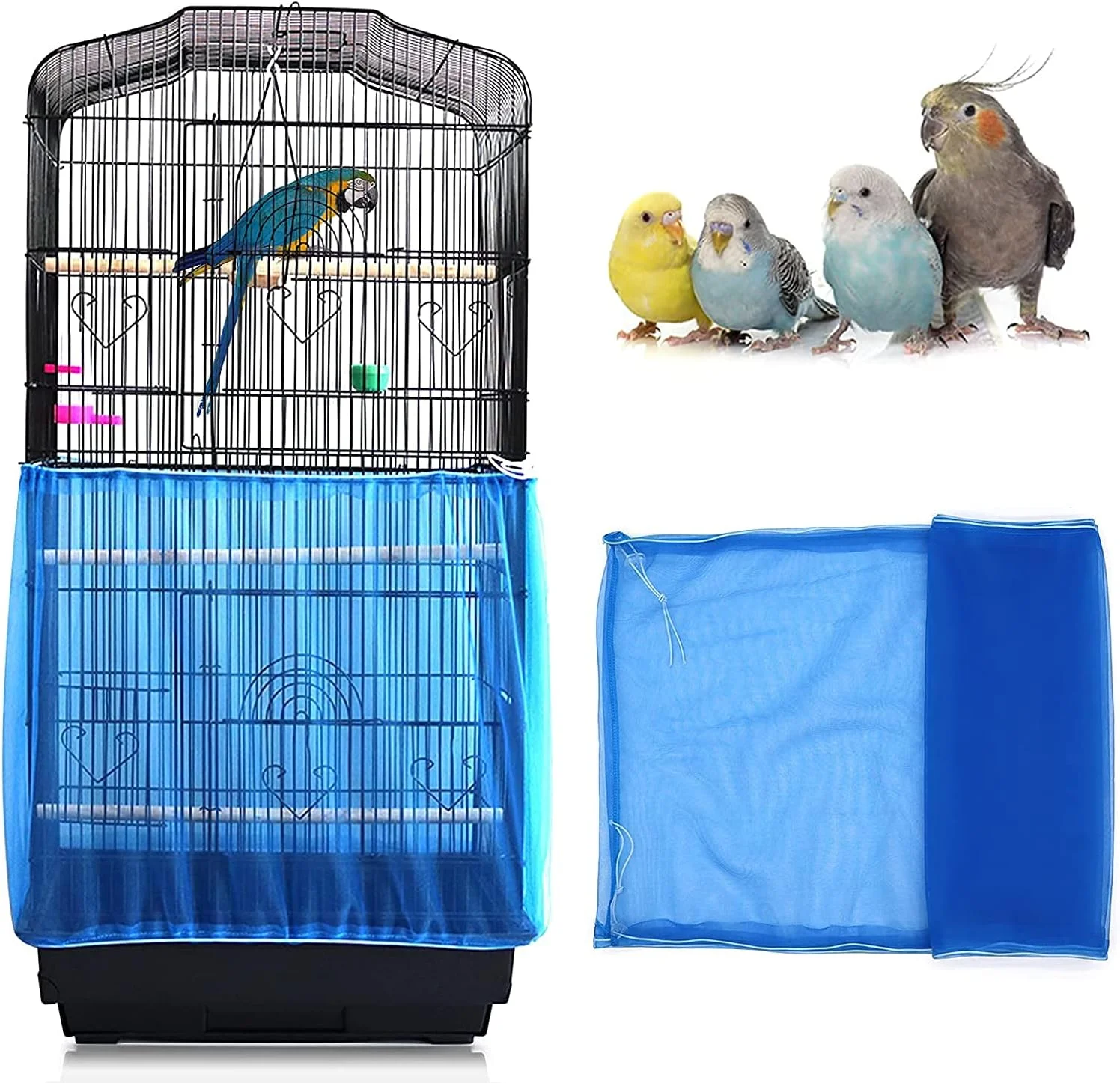 روکش قفس پرنده واواسیا آبی با طول قابل تنظیم، توری دانه گیر و پر گیر، توری نرم و توری نایلونی هوازی برای قفس طوطی، محافظ دامن توری برای قفس های گرد و مربعی