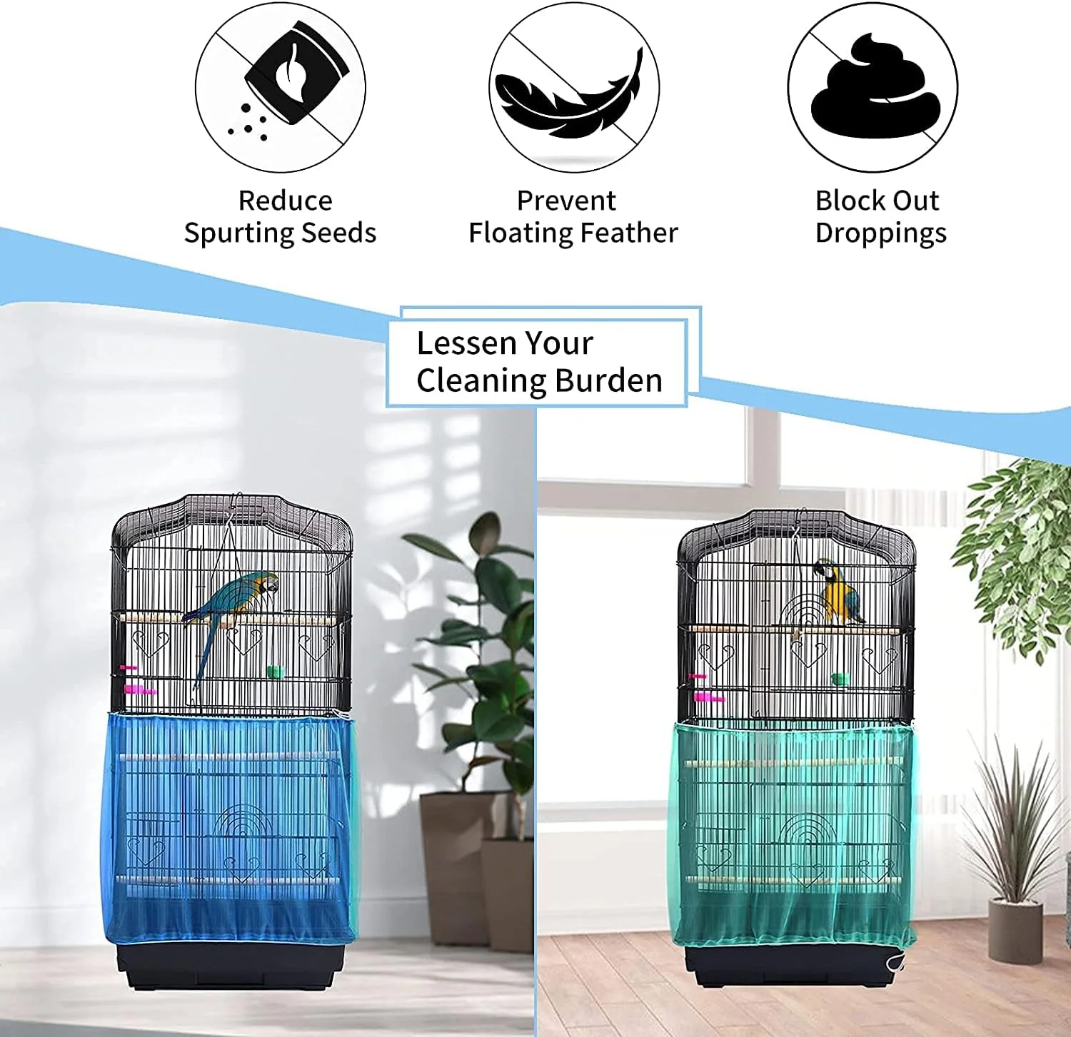 روکش قفس پرنده واواسیا آبی با طول قابل تنظیم، توری دانه گیر و پر گیر، توری نرم و توری نایلونی هوازی برای قفس طوطی، محافظ دامن توری برای قفس های گرد و مربعی