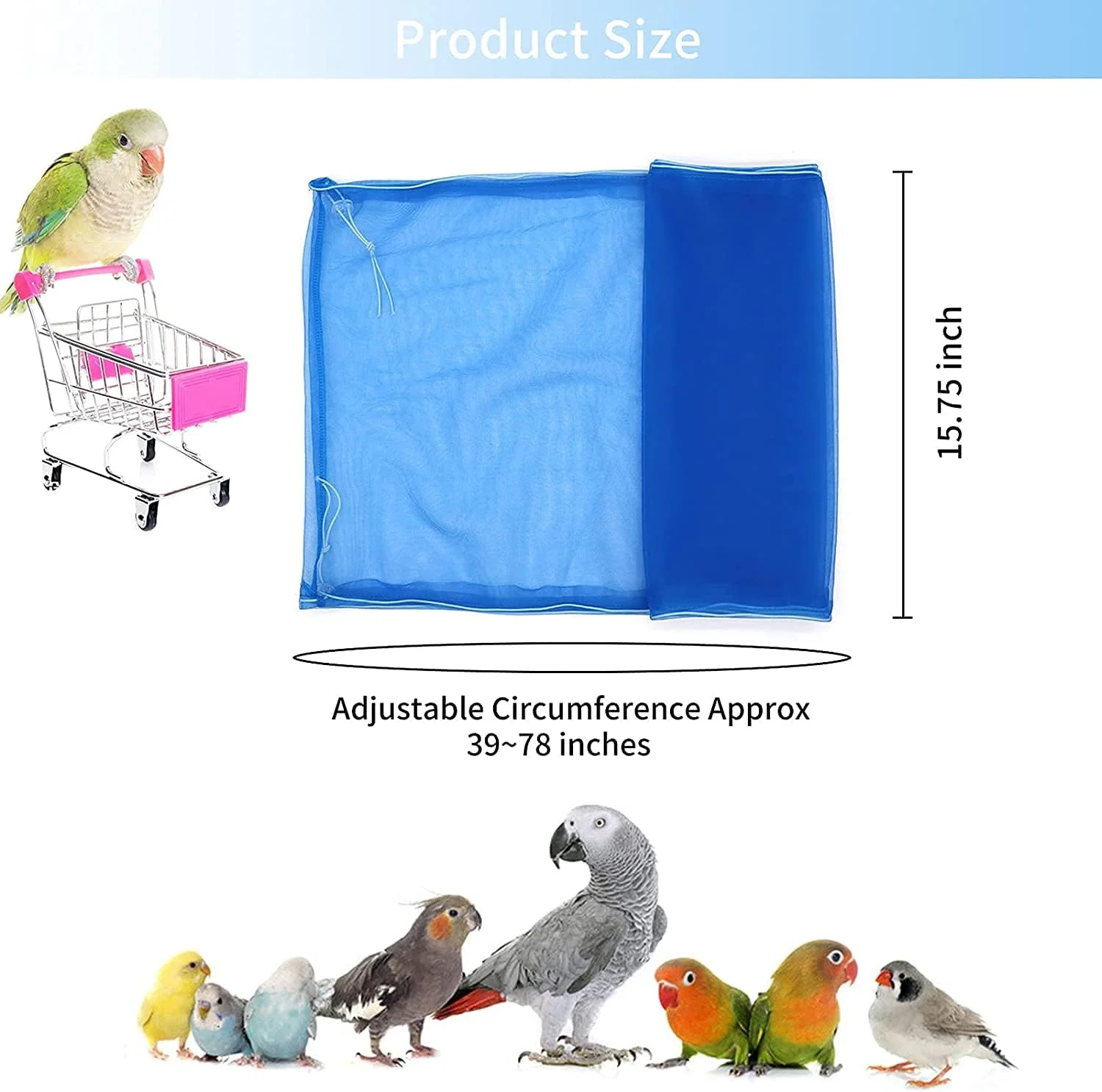 روکش قفس پرنده واواسیا آبی با طول قابل تنظیم، توری دانه گیر و پر گیر، توری نرم و توری نایلونی هوازی برای قفس طوطی، محافظ دامن توری برای قفس های گرد و مربعی