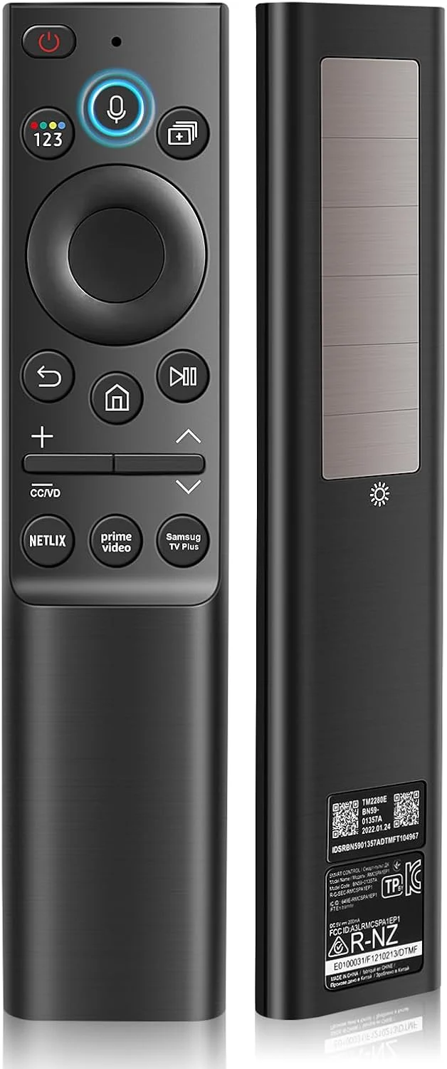 ریموت صوتی خورشیدی BN59-01357A برای تلویزیون های سامسونگ - سازگار با تلویزیون های هوشمند فریم/Neo QLED 4K/8K UHD (VG-TM2180ES/ZA)، دارای 3 میانبر برنامه و شارژ خورشیدی