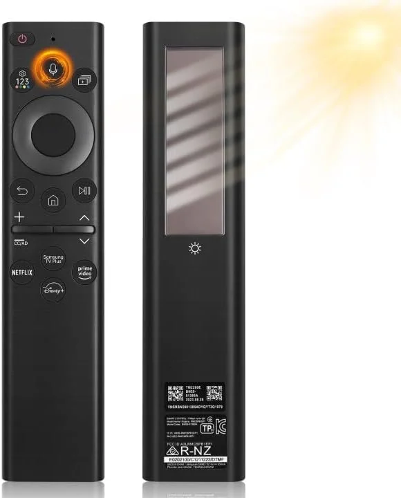 ریموت کنترل صوتی خورشیدی BN59-01385A برای تلویزیون های هوشمند سامسونگ، جایگزین ریموت کنترل تلویزیون سامسونگ سازگار با تلویزیون های هوشمند Neo QLED، The Frame و Crystal 4K 8K UHD سری 2021-2023 (مشکی)