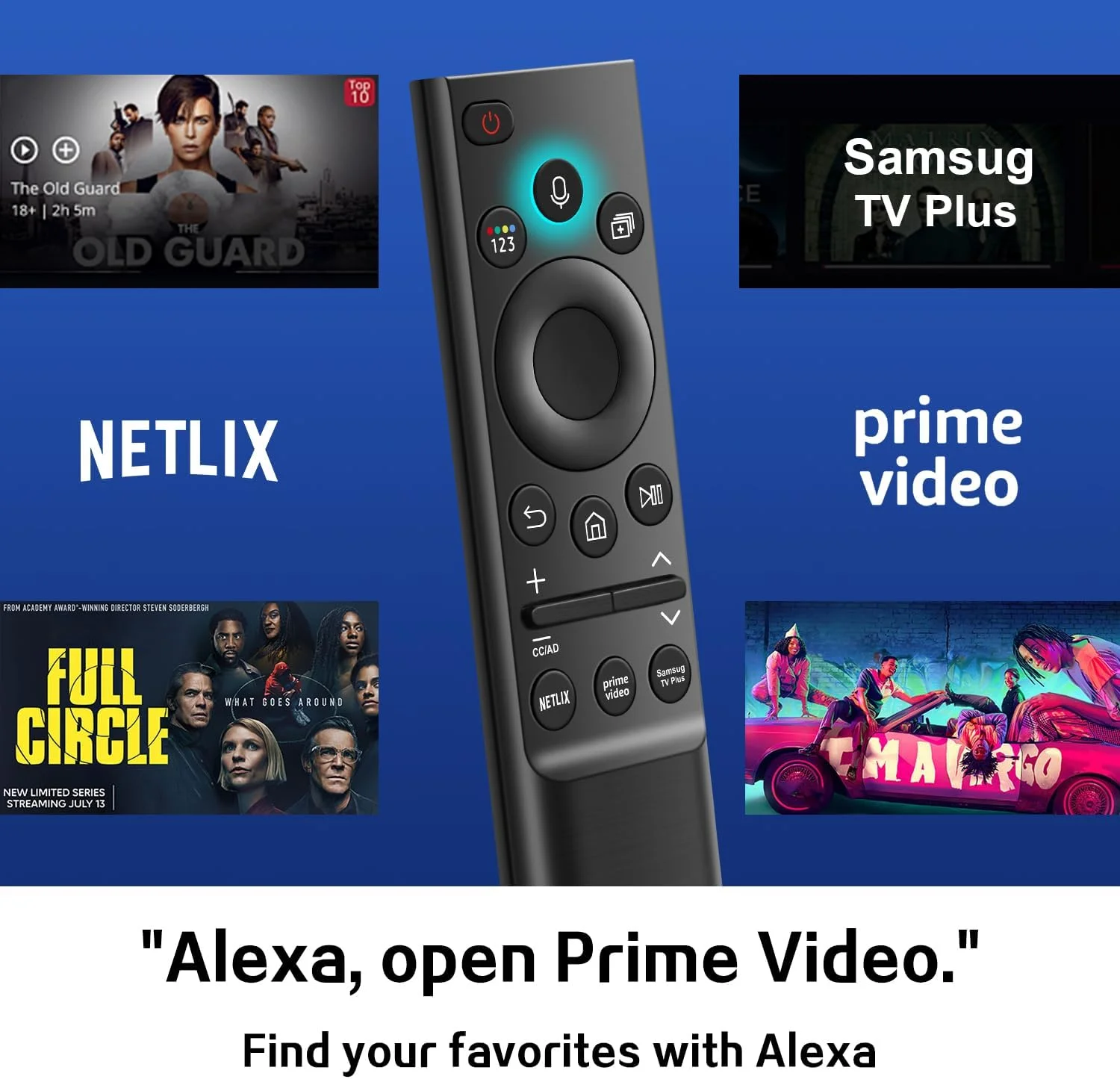 ریموت صوتی خورشیدی BN59-01357A برای تلویزیون های سامسونگ - سازگار با تلویزیون های هوشمند فریم/Neo QLED 4K/8K UHD (VG-TM2180ES/ZA)، دارای 3 میانبر برنامه و شارژ خورشیدی