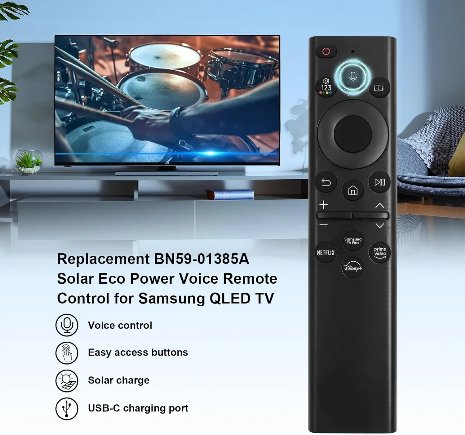 ریموت کنترل تلویزیون خورشیدی BN59-01385A جایگزین برای تلویزیون های هوشمند Samsung Frame با بلوتوث صوتی قابل شارژ با سلول خورشیدی سازگار با تلویزیون های Samsung 2020-2023 Neo QLED 4K 8K Ultra HD با 4 دکمه میانبر