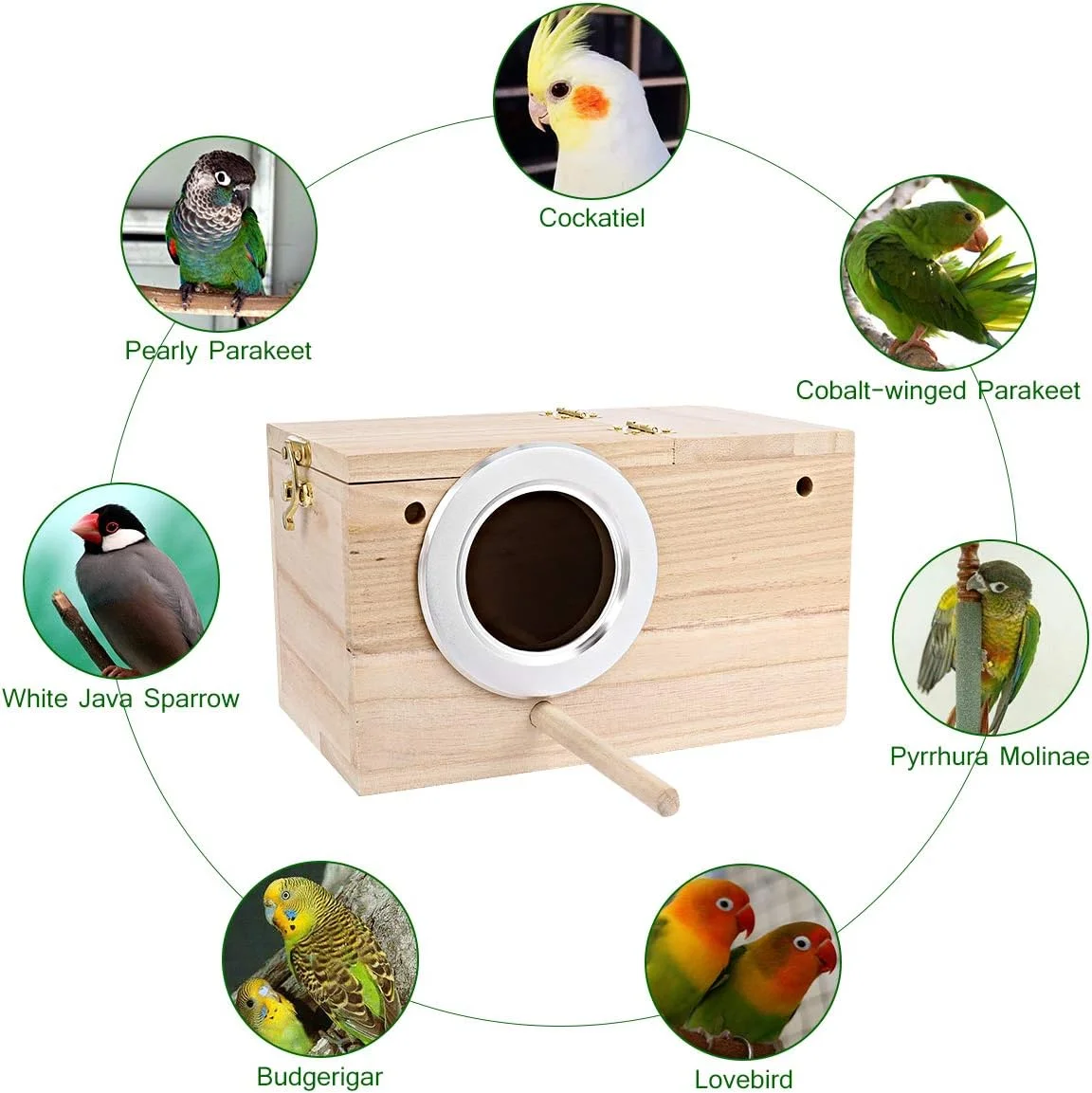 جعبه پرنده چوبی، پنجره شفاف برای طوطی، خانه لانه سازی و ایستگاه تغذیه پرندگان، پنجره باز از سمت چپ (سایز کوچک)