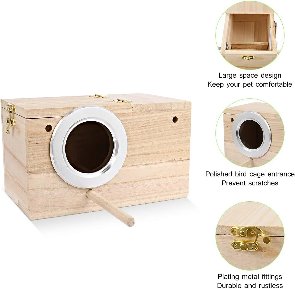 جعبه پرنده چوبی، پنجره شفاف برای طوطی، خانه لانه سازی و ایستگاه تغذیه پرندگان، پنجره باز از سمت چپ (سایز کوچک)