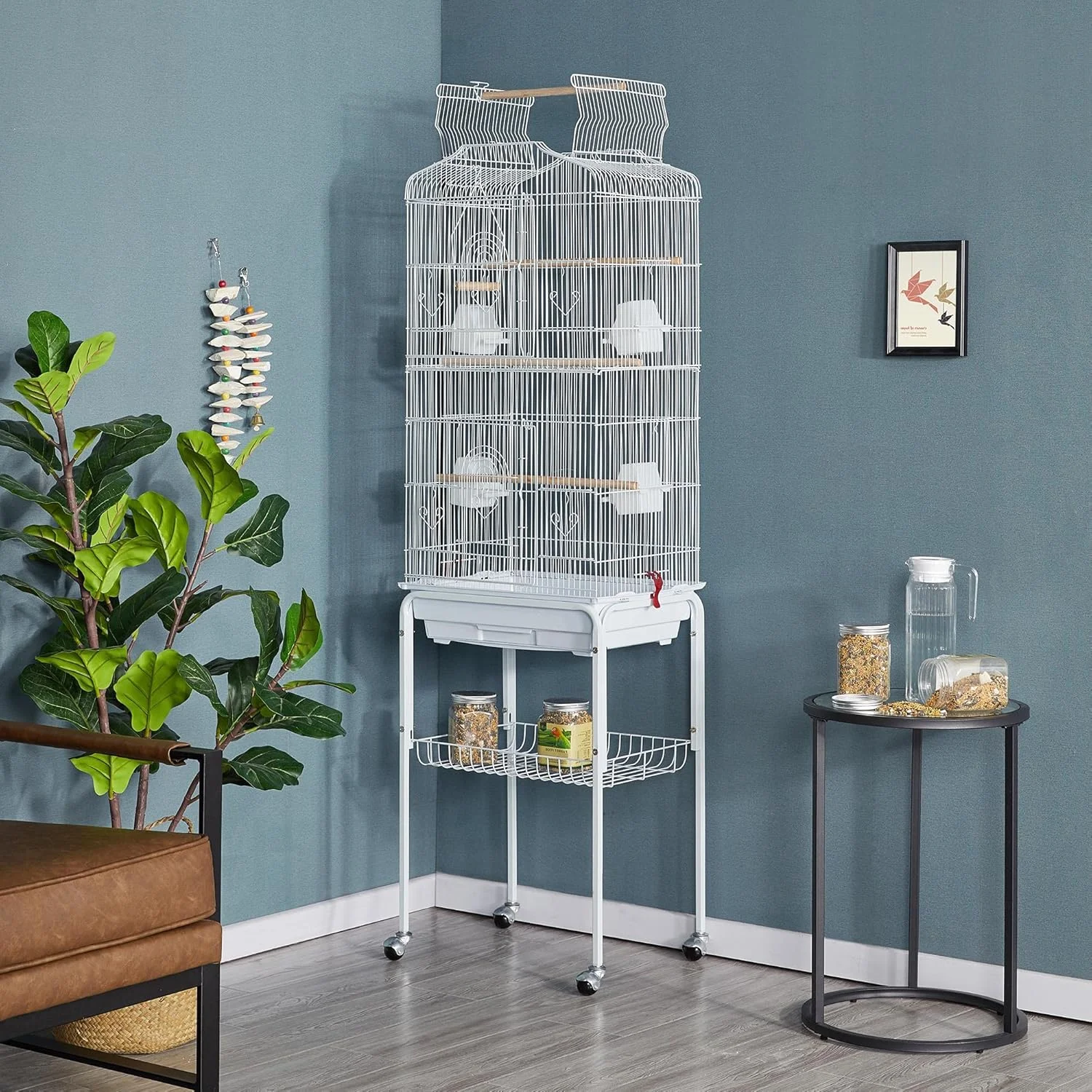 قفس پرنده فلزی Yaheetech برای پرندگان کوچک، قفس طوطی برای مرغ عشق/قناری/عروس هلندی با پایه چرخدار و سقف بازی باز قفس پرنده فلزی Yaheetech برای پرندگان کوچک، قفس طوطی برای مرغ عشق/قناری/عروس هلندی با پایه چرخدار و سقف بازی باز