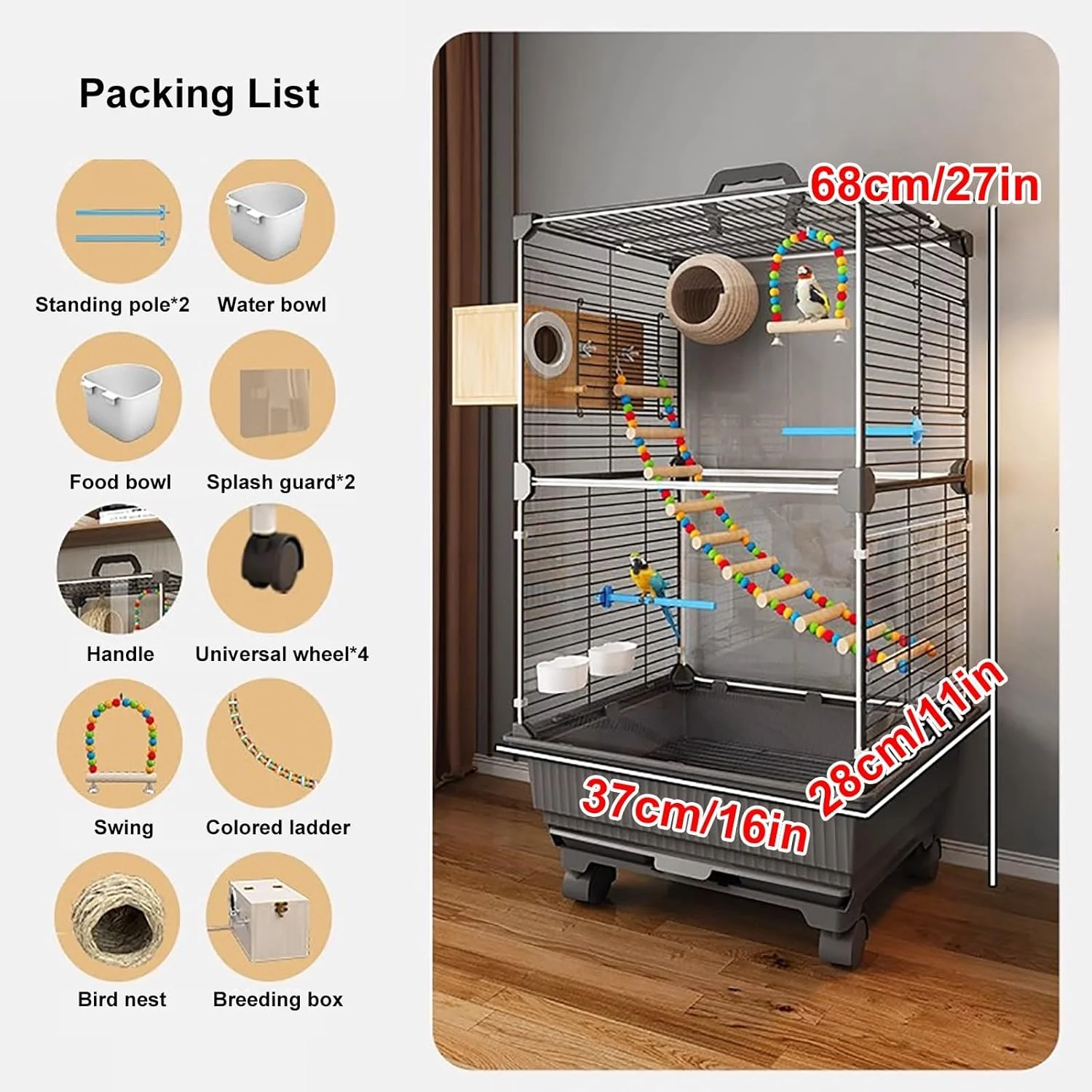 قفس بزرگ پرنده WXXSHGDW، قفس مرغ عشق، قفس طوطی با چرخ، قفس پرنده سرپوشیده با سینی، لانه پرنده، دستگاه جوجه کشی (مشکی)
