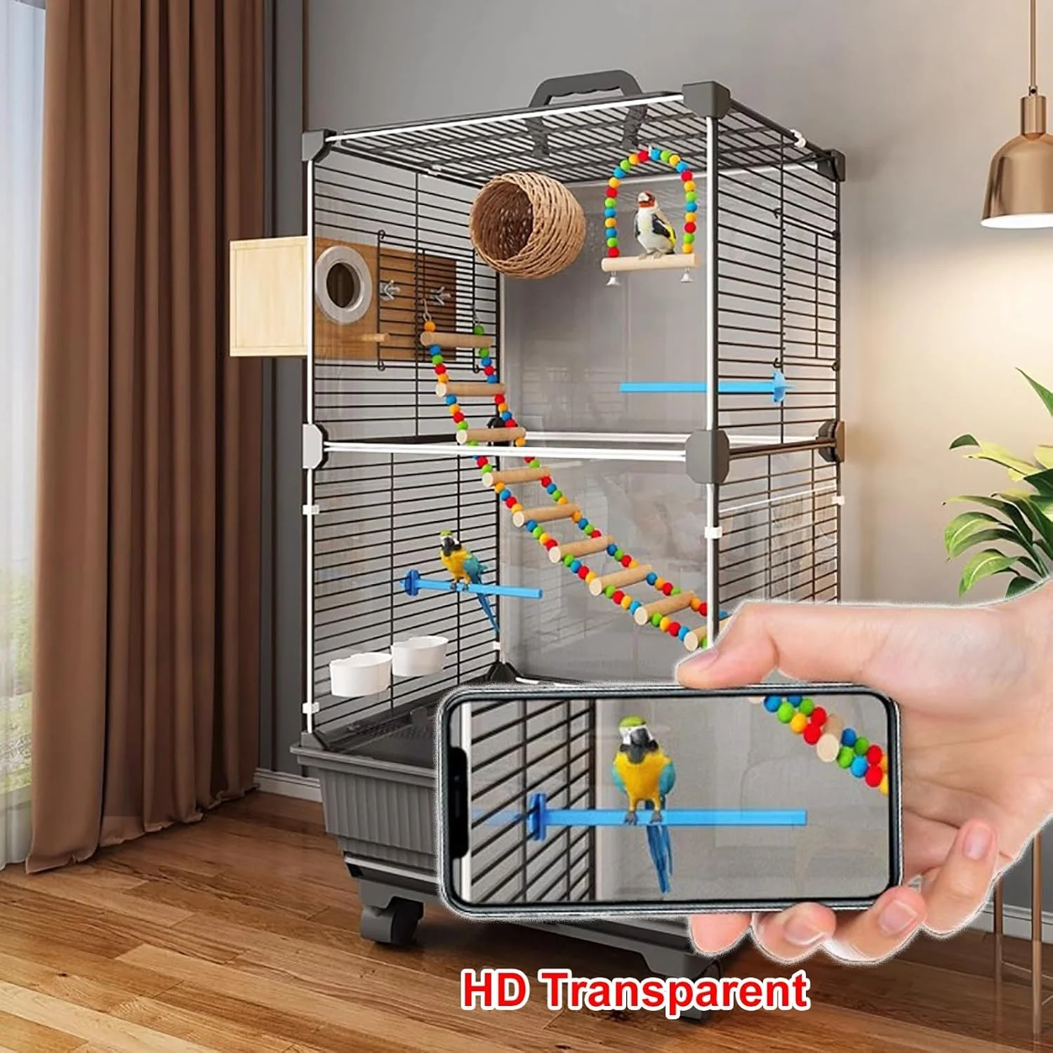 قفس بزرگ پرنده WXXSHGDW، قفس مرغ عشق، قفس طوطی با چرخ، قفس پرنده سرپوشیده با سینی، لانه پرنده، دستگاه جوجه کشی (مشکی)