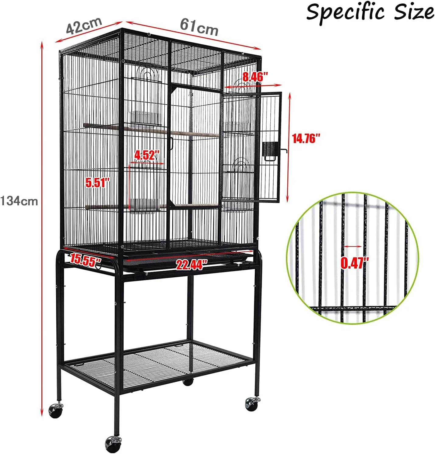 قفس بزرگ پرنده SKADE مدل 134cm، قفس پرواز بزرگ پرنده از جنس آهن فرفورژه با پایه چرخ دار و سینی زیرین برای مرغ عشق، فنچ، کاسکو خاکستری آفریقایی، عروس هلندی، طوطی برزیلی و کانور