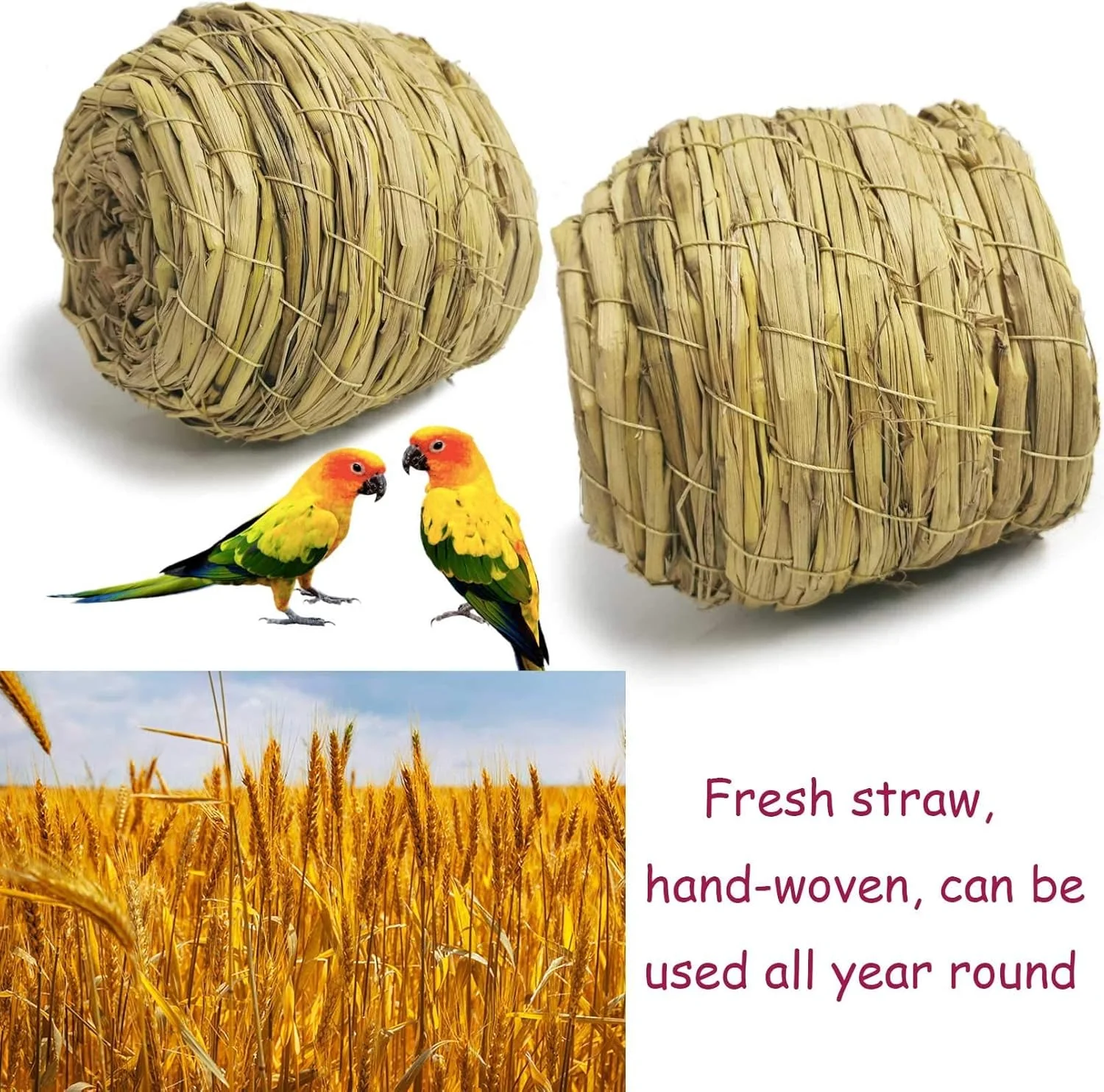 آشیانه پرنده دستباف Xspring، 2 عدد خانه پرنده حصیری طبیعی با 3 بند، شبیه سازی فیبر طبیعی دست ساز (متوسط)