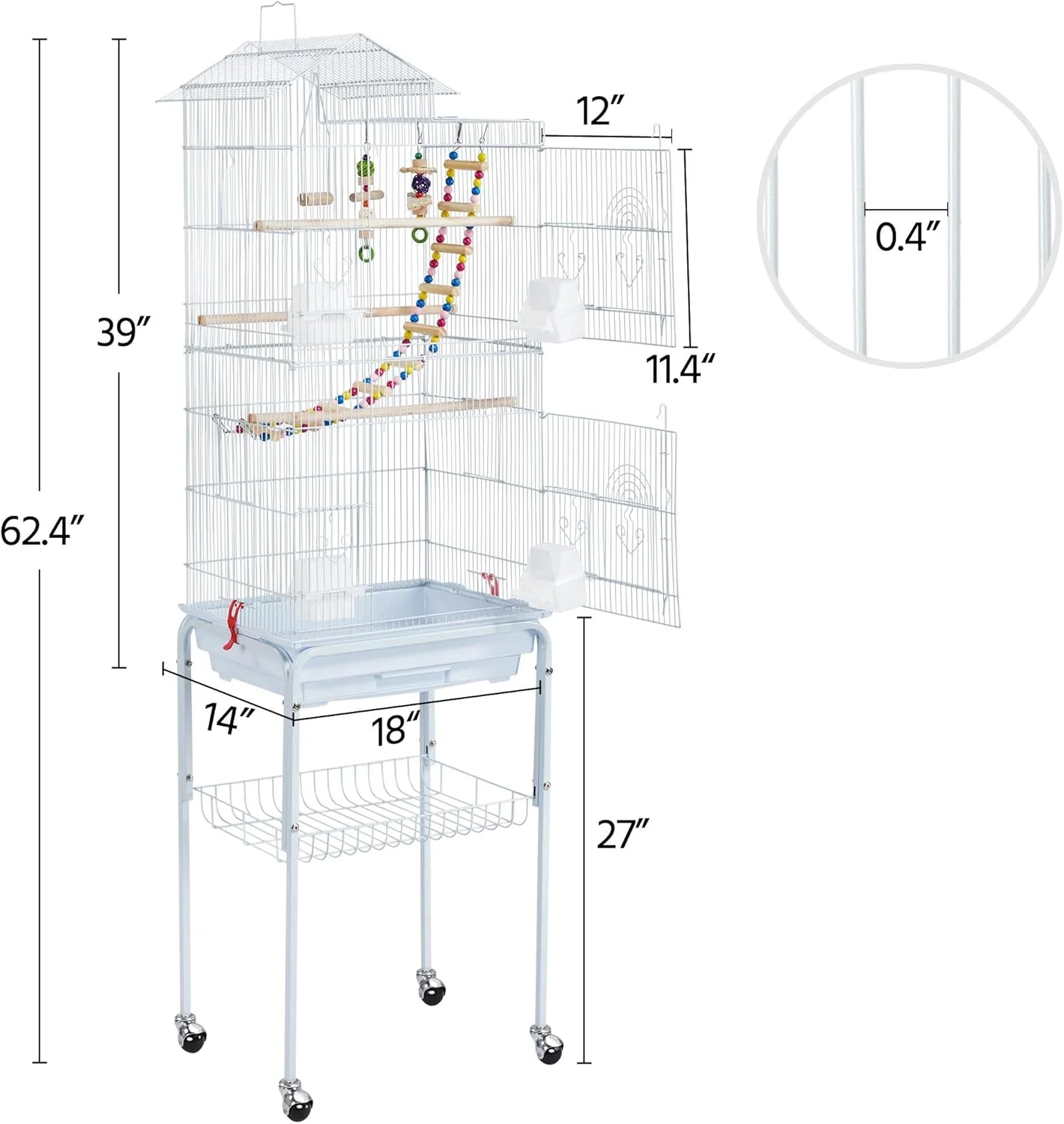 قفس پرنده سقف باز Yaheetech با ارتفاع 158 سانتی متر مناسب برای طوطی برزیلی، عروس هلندی، کانور، فنچ، مرغ عشق، قناری، باجریگار و طوطی های کوچک، قفس بزرگ پرنده با پایه چرخ دار جداشدنی، سفید
