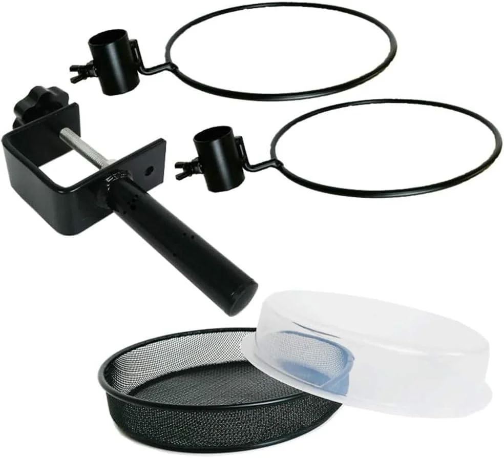 آبخوری و دانخوری پرندگان Joyzzz برای فضای باز، دانخوری عرشه ای پرندگان با سینی توری فلزی و کاسه های آب، مونتاژ آسان با گیره براکت سنگین جداشدنی، دانخوری نرده ای بالکن و ایوان