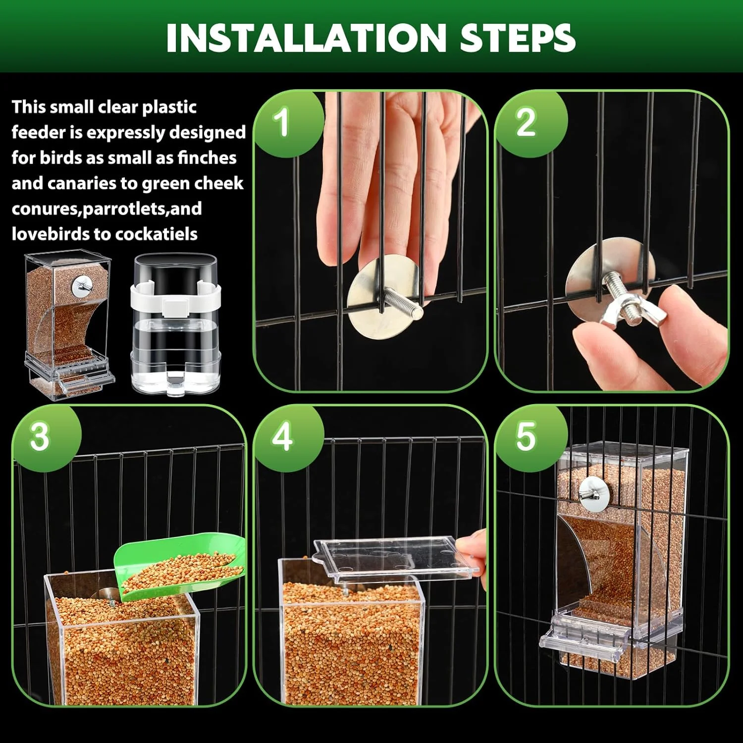 مجموعه 7 عددی فیدر پرنده بدون کثیف جینگمور، فیدر اتوماتیک شفاف طوطی و دیسپنسر آب، لوازم جانبی قفس، سیخ استیل ضد زنگ میوه و سبزیجات طوطی، مناسب برای تغذیه عروس هلندی، مرغ عشق، قناری و فنچ مجموعه 7 عددی فیدر پرنده بدون کثیف جینگمور، فیدر اتوماتیک شفاف طوطی و دیسپنسر آب، لوازم جانبی قفس، سیخ استیل ضد زنگ میوه و سبزیجات طوطی، مناسب برای تغذیه عروس هلندی، مرغ عشق، قناری و فنچ