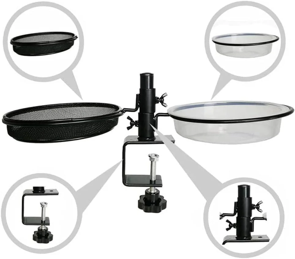 آبخوری و دانخوری پرندگان Joyzzz برای فضای باز، دانخوری عرشه ای پرندگان با سینی توری فلزی و کاسه های آب، مونتاژ آسان با گیره براکت سنگین جداشدنی، دانخوری نرده ای بالکن و ایوان