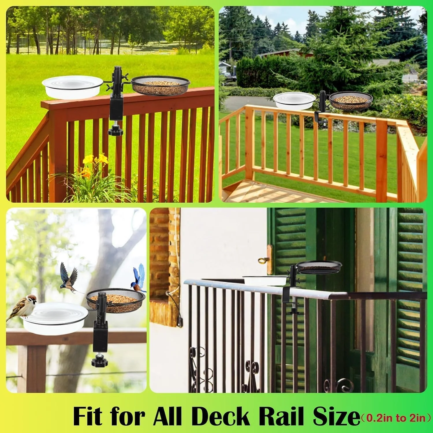 آبخوری و دانخوری پرندگان Joyzzz برای فضای باز، دانخوری عرشه ای پرندگان با سینی توری فلزی و کاسه های آب، مونتاژ آسان با گیره براکت سنگین جداشدنی، دانخوری نرده ای بالکن و ایوان