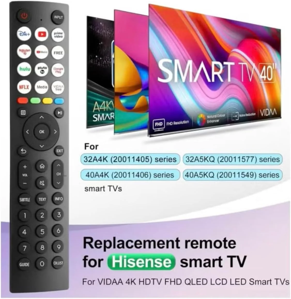 ریموت کنترل تلویزیون یونیورسال با کیفیت اورجینال برای تلویزیون های هایسنس - جایگزین EN2Q36H برای تلویزیون های هوشمند هایسنس VIDAA 4K HDTV FHD QLED LCD LED