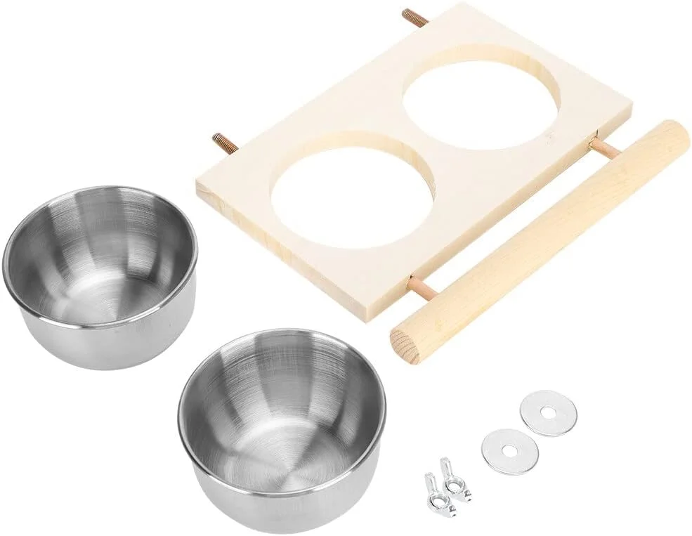 ظرف غذای پرنده با پایه چوبی، کاسه استیل ضد زنگ غذای طوطی، لوازم جانبی قفس آبخوری با نشیمنگاه برای کوکاتیل و مرغ عشق ظرف غذای پرنده با پایه چوبی، کاسه استیل ضد زنگ غذای طوطی، لوازم جانبی قفس آبخوری با نشیمنگاه برای کوکاتیل و مرغ عشق