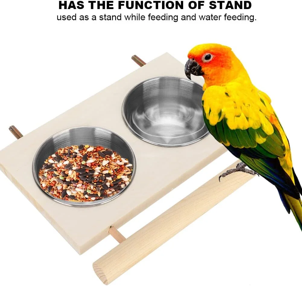 ظرف غذای پرنده با پایه چوبی، کاسه استیل ضد زنگ غذای طوطی، لوازم جانبی قفس آبخوری با نشیمنگاه برای کوکاتیل و مرغ عشق ظرف غذای پرنده با پایه چوبی، کاسه استیل ضد زنگ غذای طوطی، لوازم جانبی قفس آبخوری با نشیمنگاه برای کوکاتیل و مرغ عشق