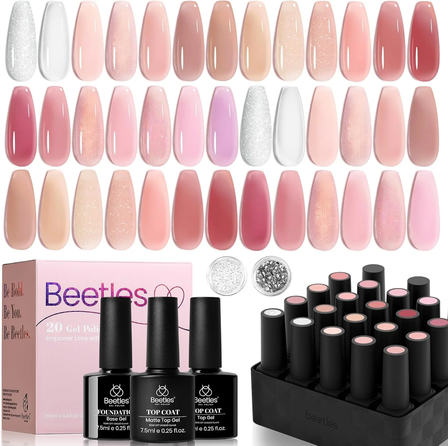 لاک ژل ناخن 20 رنگی بیتلز - مجموعه Naked Paradise، لاک ژل اکلیلی سفید، صورتی، هلویی، قرمز آلبالویی، لاک ژل UV و تاپ کت و بیس کت و نگین ناخن برای خانم ها