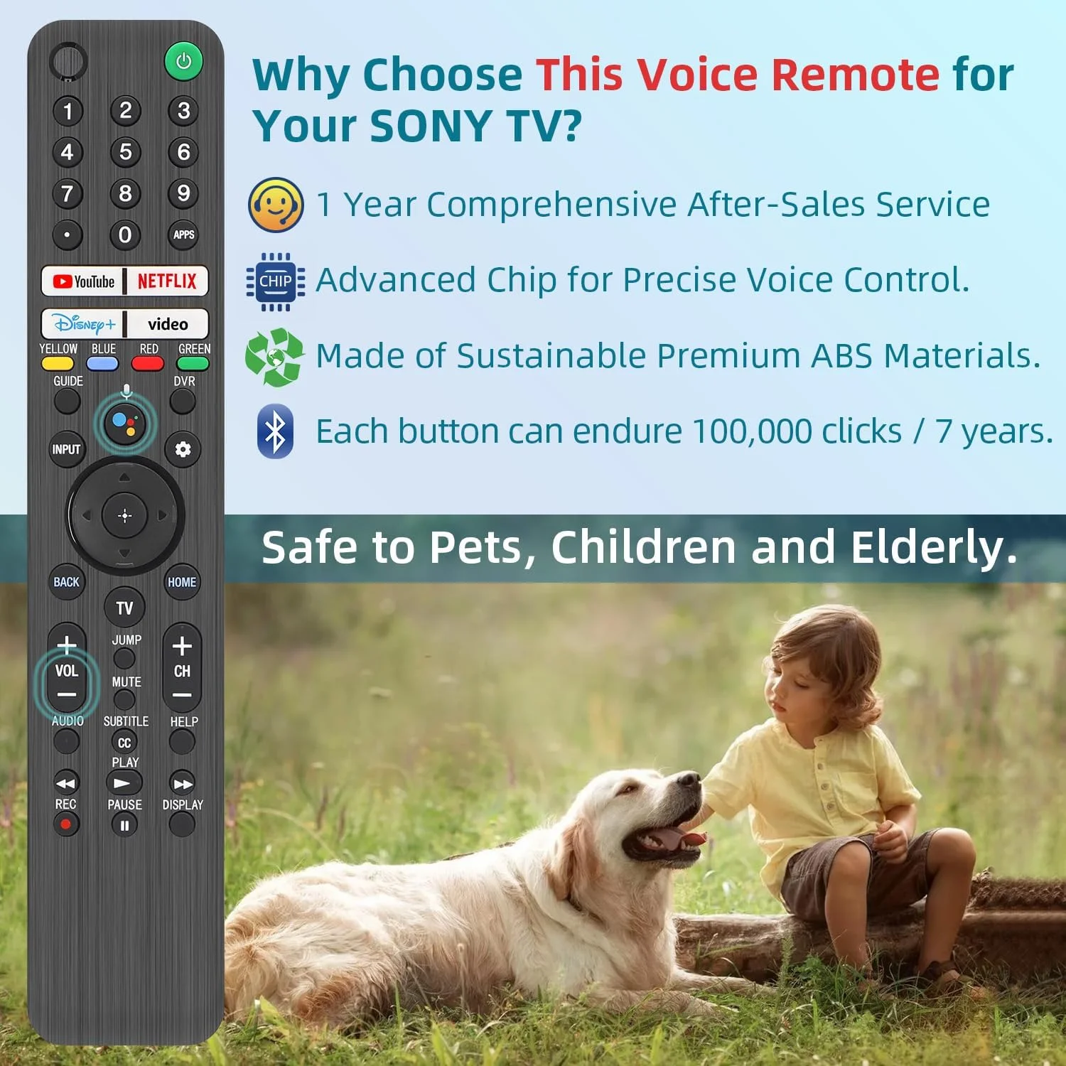 ریموت کنترل جایگزین Nettech برای تلویزیون های سونی، برای تلویزیون های سونی و Bravia با فرمان صوتی. برای تمام تلویزیون های هوشمند 4K LED OLED Google/Android سری XR/XBR/KD سونی 2018-2023.