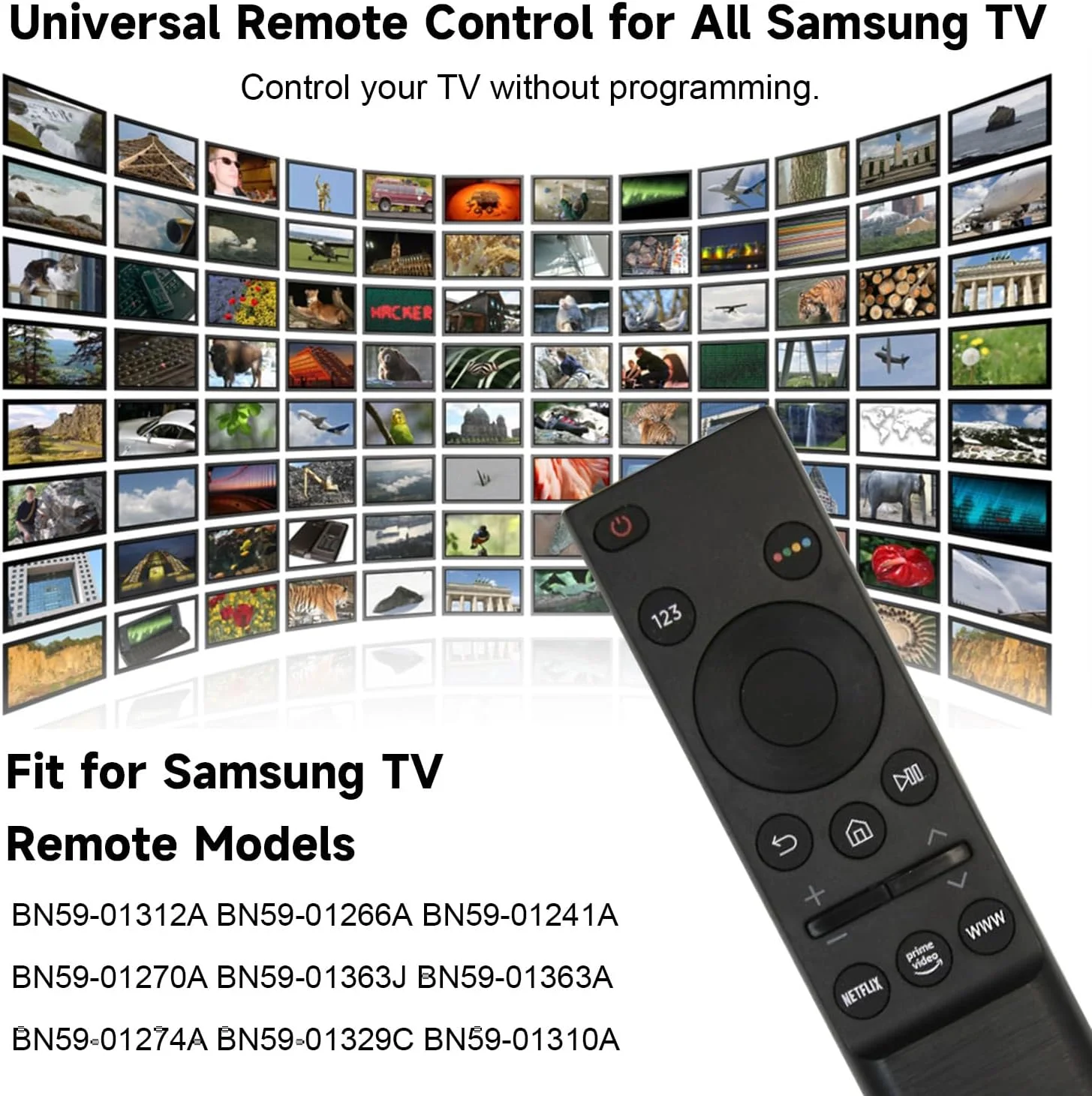 کنترل از راه دور سازگار با تلویزیون های هوشمند سامسونگ NEO QLED LED، تلویزیون های هوشمند 4K Ultra HD، کنترل از راه دور جهانی با دکمه هایی برای نتفلیکس (باتری ها شامل نمی شوند)