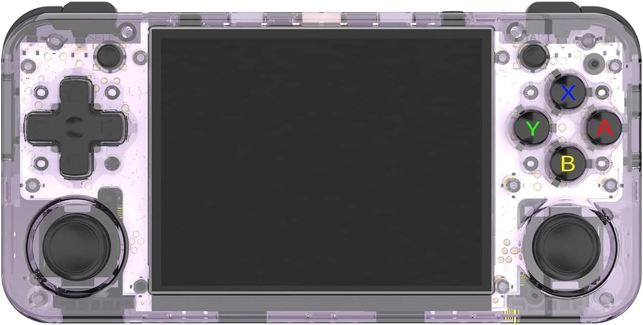 کنسول بازی دستی رترو RG35XX H، کنسول افقی با 2 جوی استیک، دارای 64 گیگابایت TF داخلی با 5500 بازی، باتری 3300 میلی آمپر ساعتی، صفحه نمایش 3.5 اینچی IPS، پشتیبانی از 5G WiFi، بلوتوث، خروجی HDMI TV (بنفش شفاف)