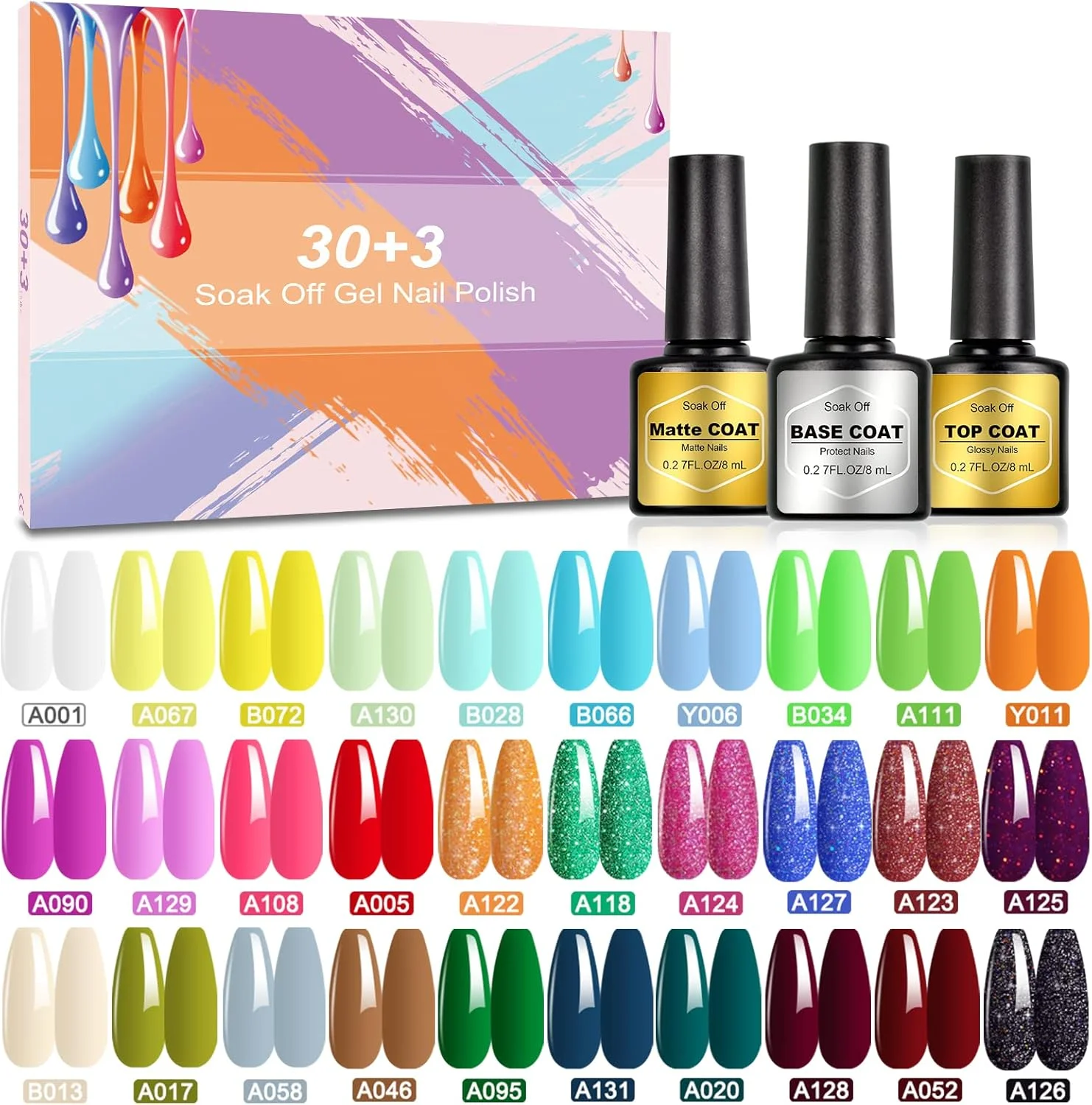 لاک ژل - ست لاک ژل 33 عددی با پوشش پایه، براق و مات، رنگ های محبوب آبنباتی، مشکی، سفید، نئون و اکلیلی، مجموعه لاک ناخن DIY، 8 میلی لیتر
