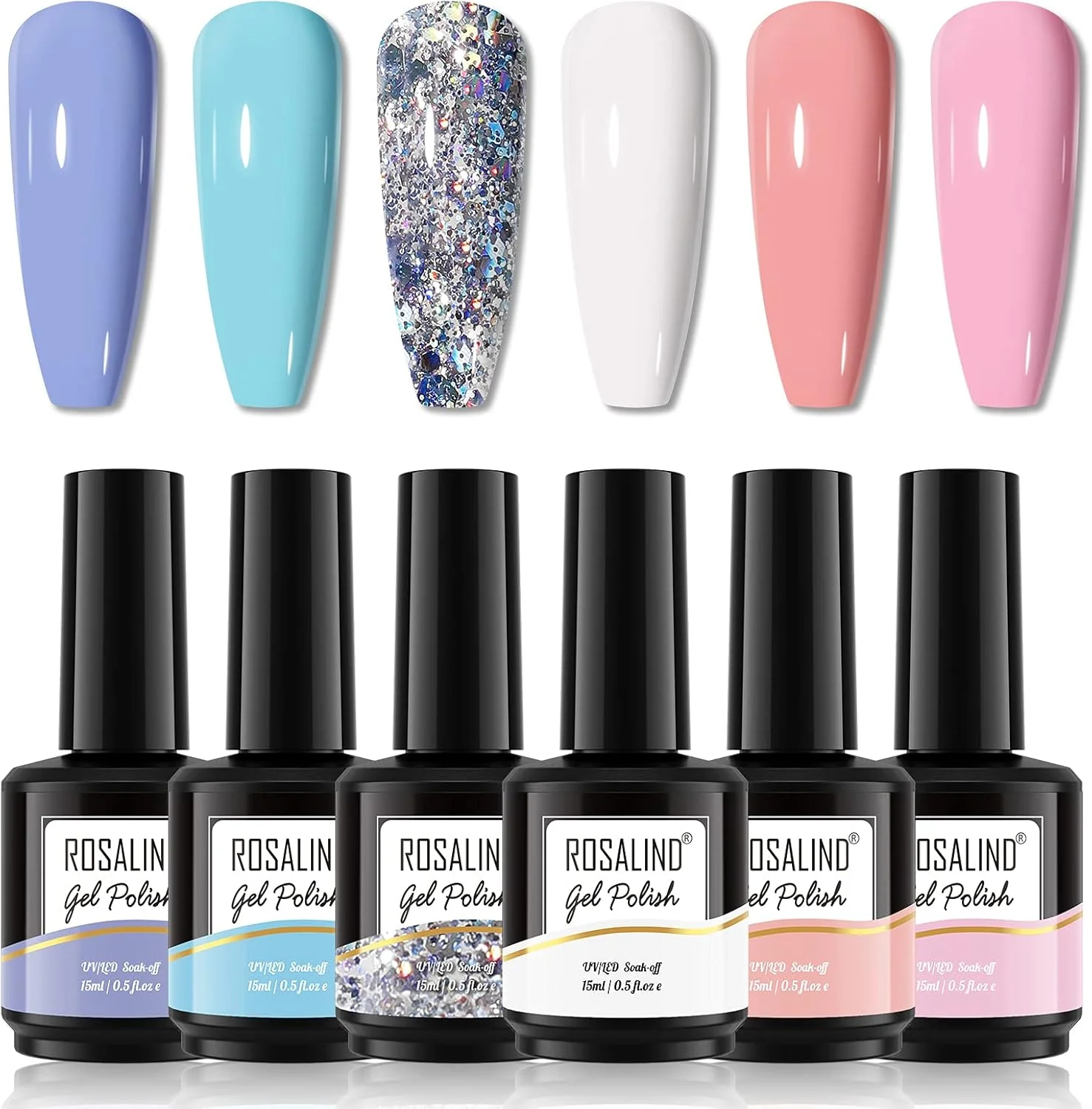 لاک ژل ناخن صورتی کالباسی رزالیند، 6 عددی، رنگ های پاستلی تابستانی، 15 میلی لیتر، لاک ژل سفید کالباسی، لاک ژل اکلیلی نقره ای آبی بنفش، طراحی ناخن پاستلی، ژل مانیکور برای زنان
