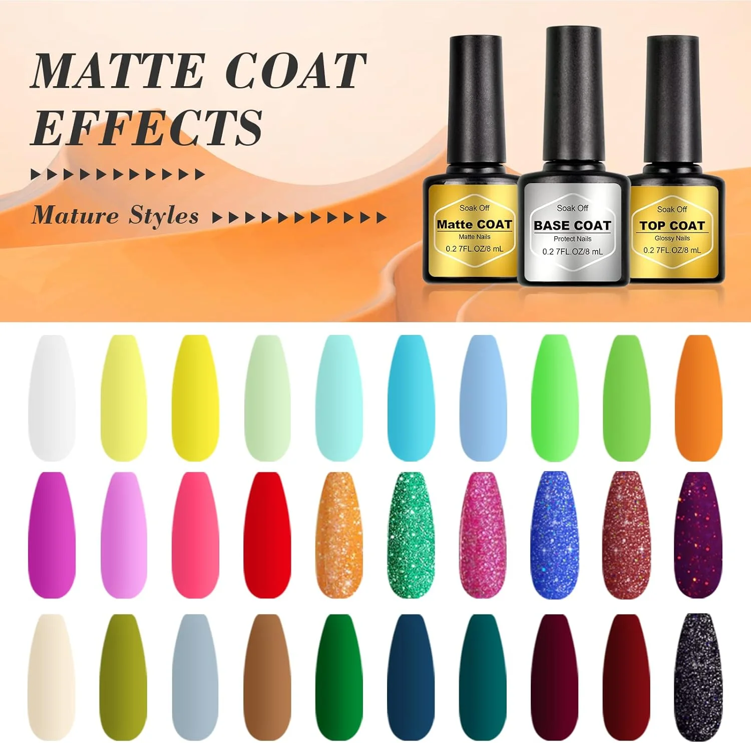 لاک ژل - ست لاک ژل 33 عددی با پوشش پایه، براق و مات، رنگ های محبوب آبنباتی، مشکی، سفید، نئون و اکلیلی، مجموعه لاک ناخن DIY، 8 میلی لیتر