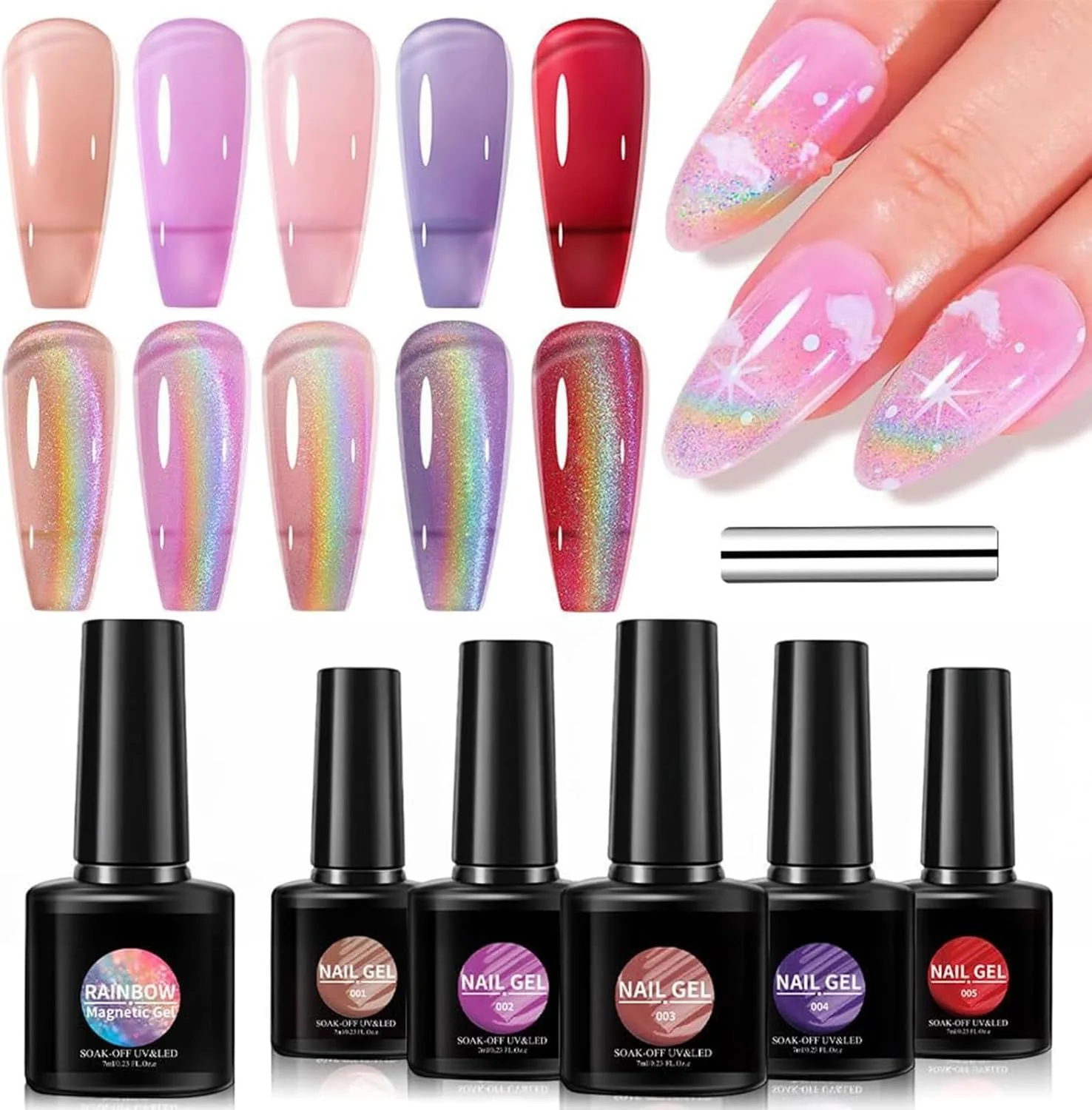 ست لاک ژل چشم گربه ای رنگین کمانی شامل 5 رنگ لاک ژل ژله ای - لاک ژل مغناطیسی اکلیلی هولوگرافیک چشم گربه ای - ست لاک LED خیس شونده هنر ناخن DIY هدیه