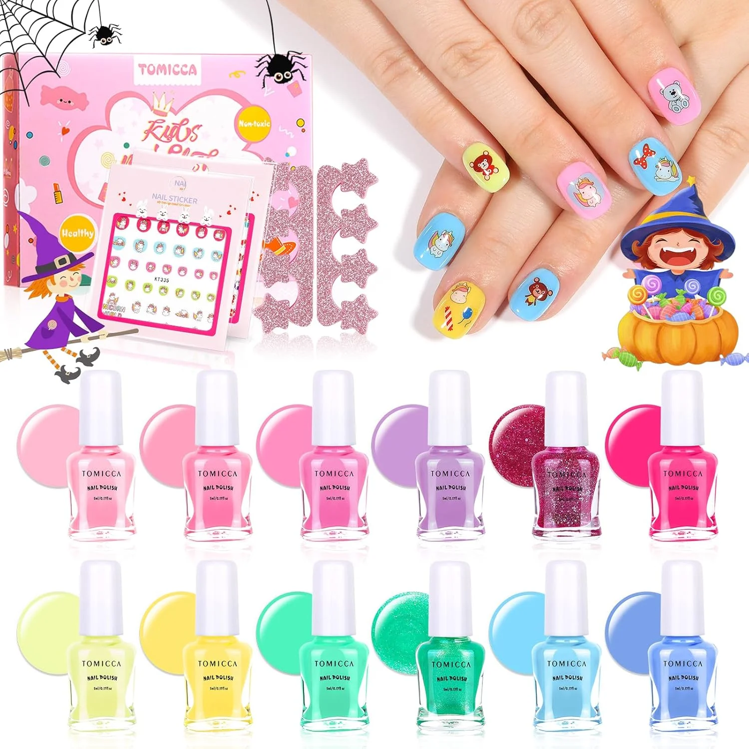 ست لاک ناخن تومیکا، رنگین کمانی آبنباتی، 100% غیر سمی، قابل شستشو، بدون بو، قابل جدا شدن، طبیعی و ایمن، خشک شدن سریع، هدیه و اسباب بازی برای دختران